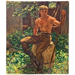 "A Moment's Rest, " Painting of Shirtless Male Worker, Schnakenberg, WPA Muralist