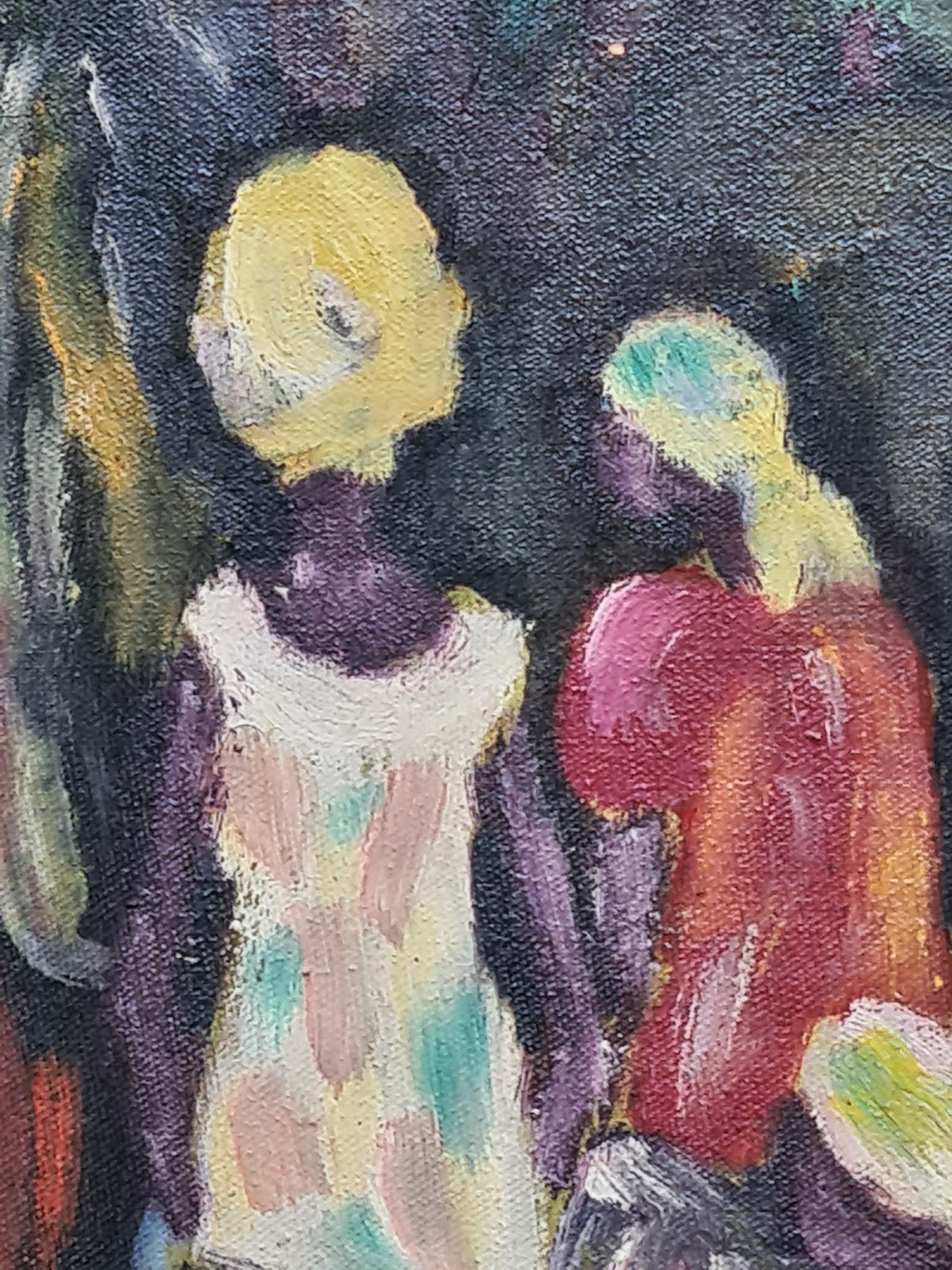 Colorato olio espressionista su tela raffigurante una scena di mercato, opera di A Monis. Il dipinto è firmato e datato in basso a destra e presentato in una magnifica cornice personalizzata in legno dorato.

Provenienza: Collezione privata