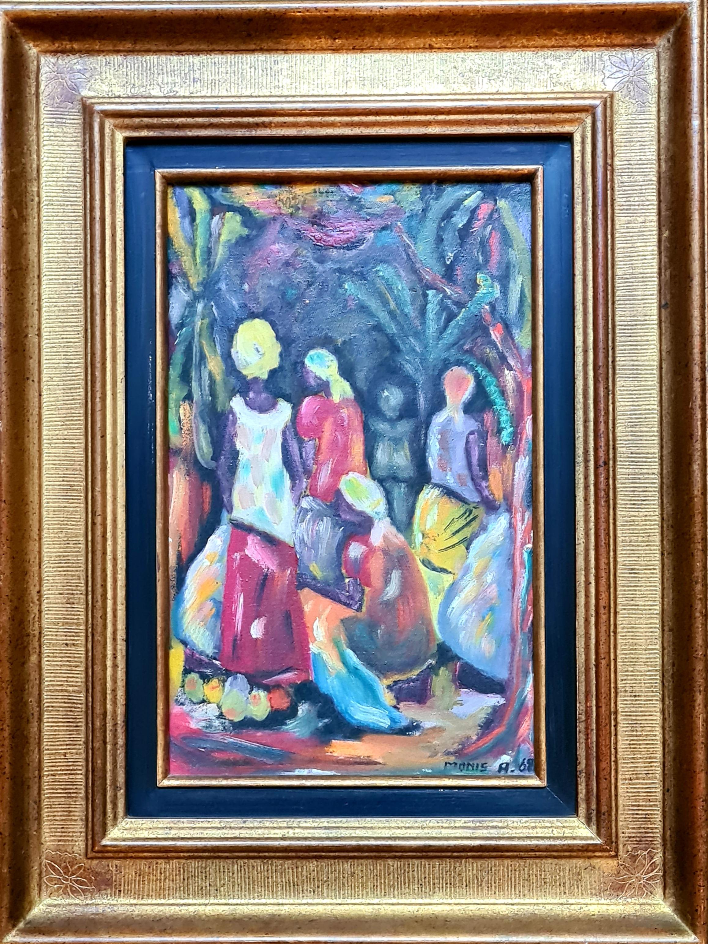 Figurative Painting di A Monis - Scena di mercato colorata espressionista fauvista