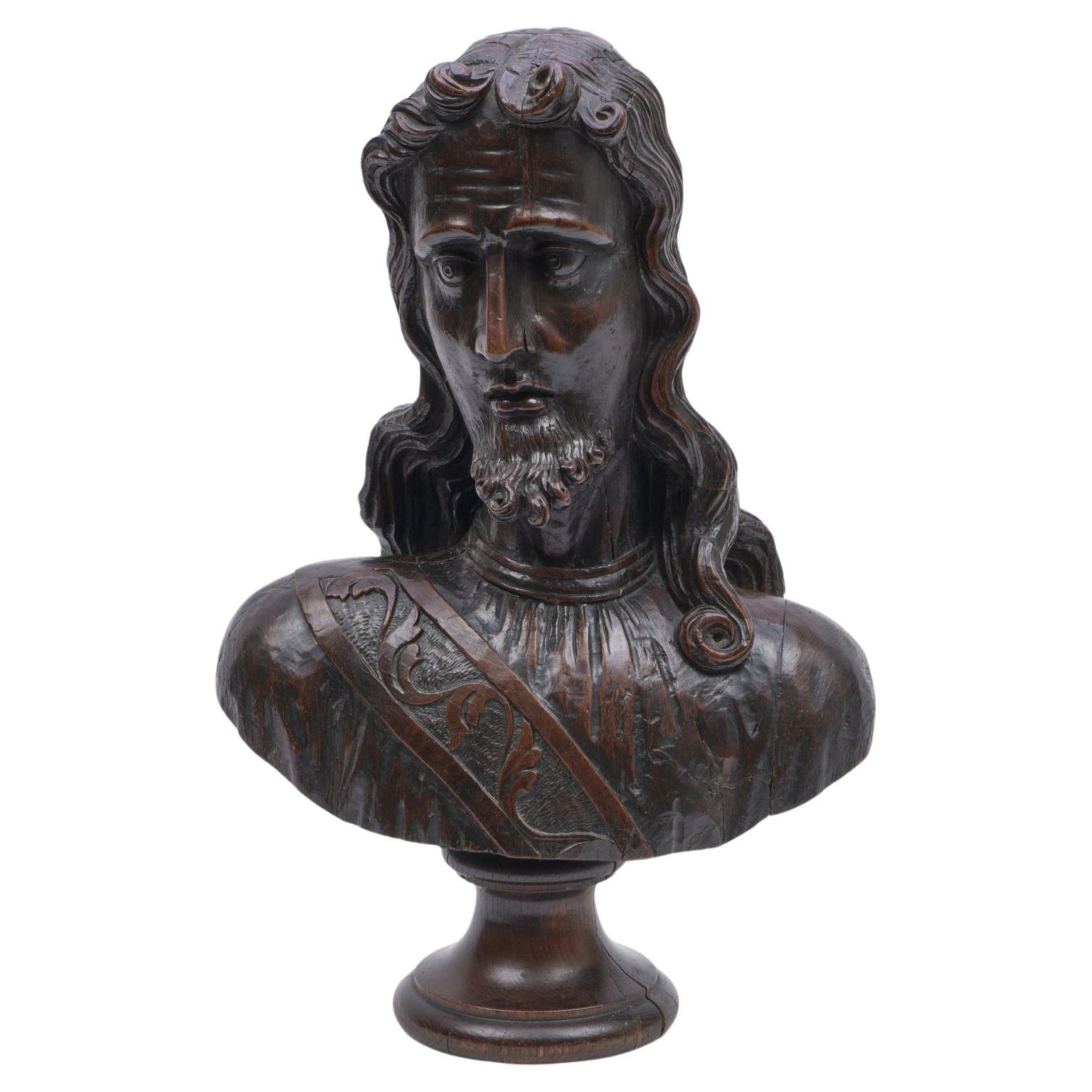 Buste monumental en chêne sculpté de la Renaissance du XVIe siècle représentant Jésus-Christ