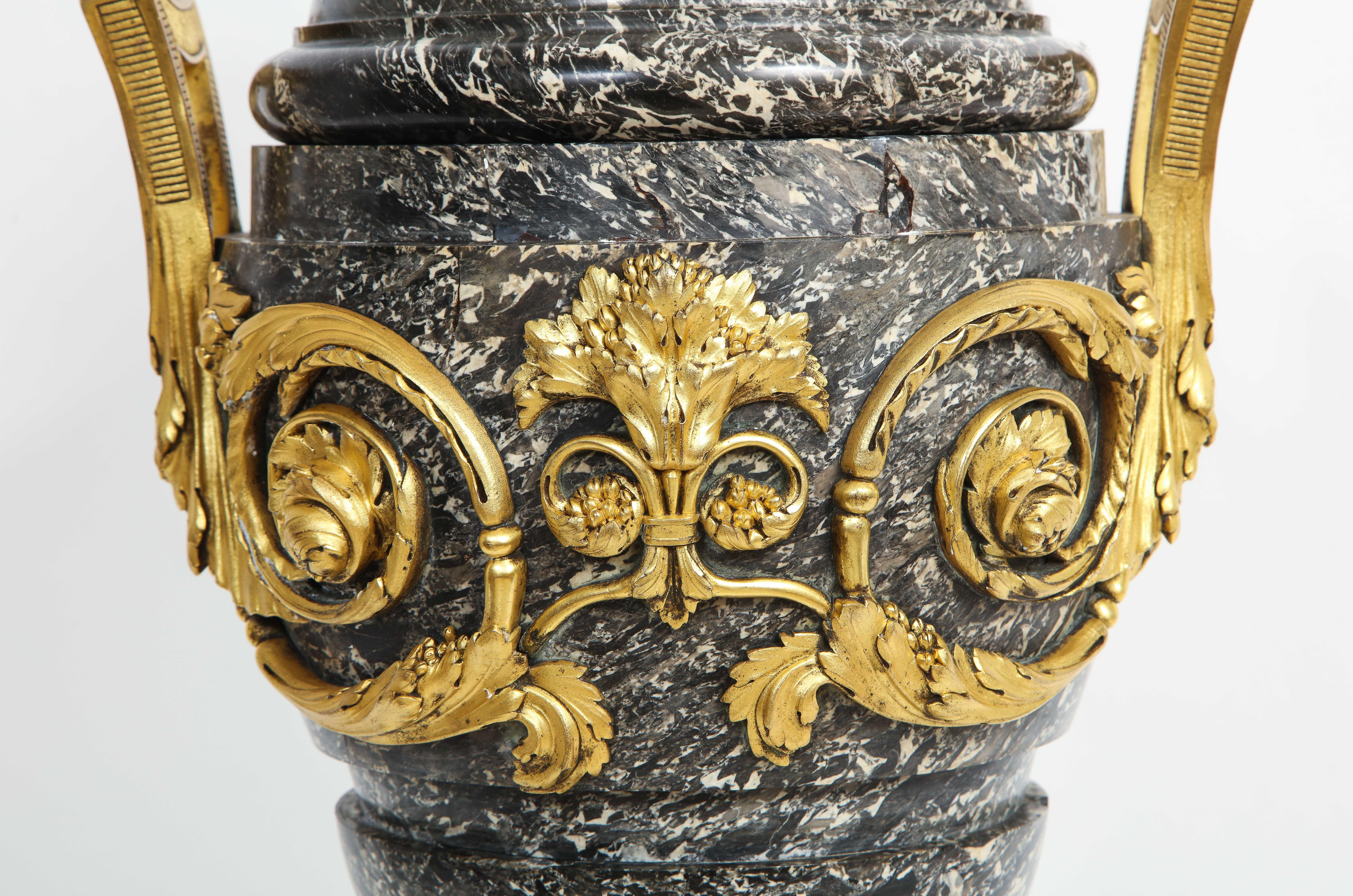 A Monumental 18/19th C. French Ormolu Mounted Grey Marble Covered Urn w/ Handles For Sale 5