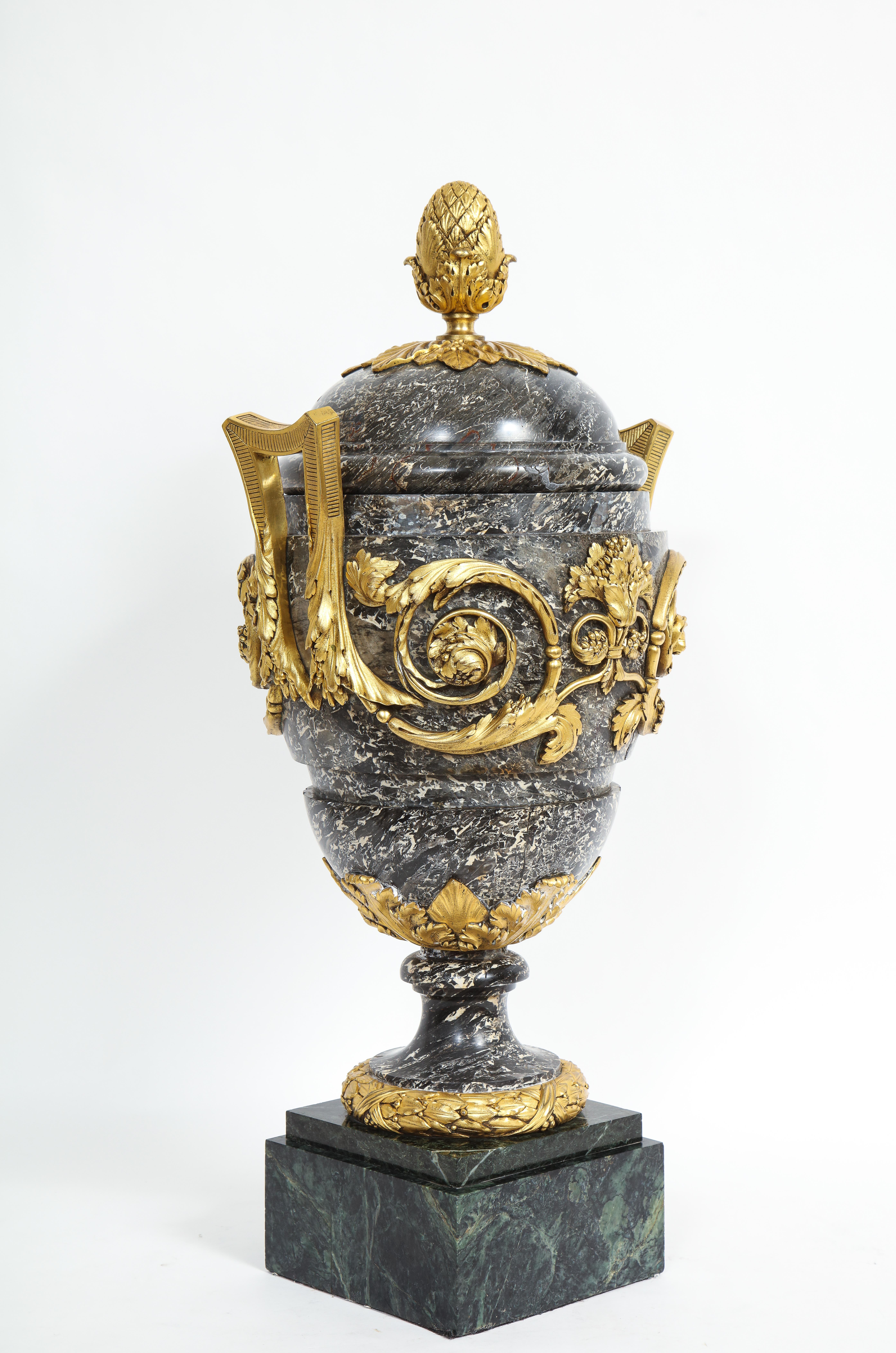 Hand-Carved A Monumental 18/19th C. French Ormolu Mounted Grey Marble Covered Urn w/ Handles For Sale