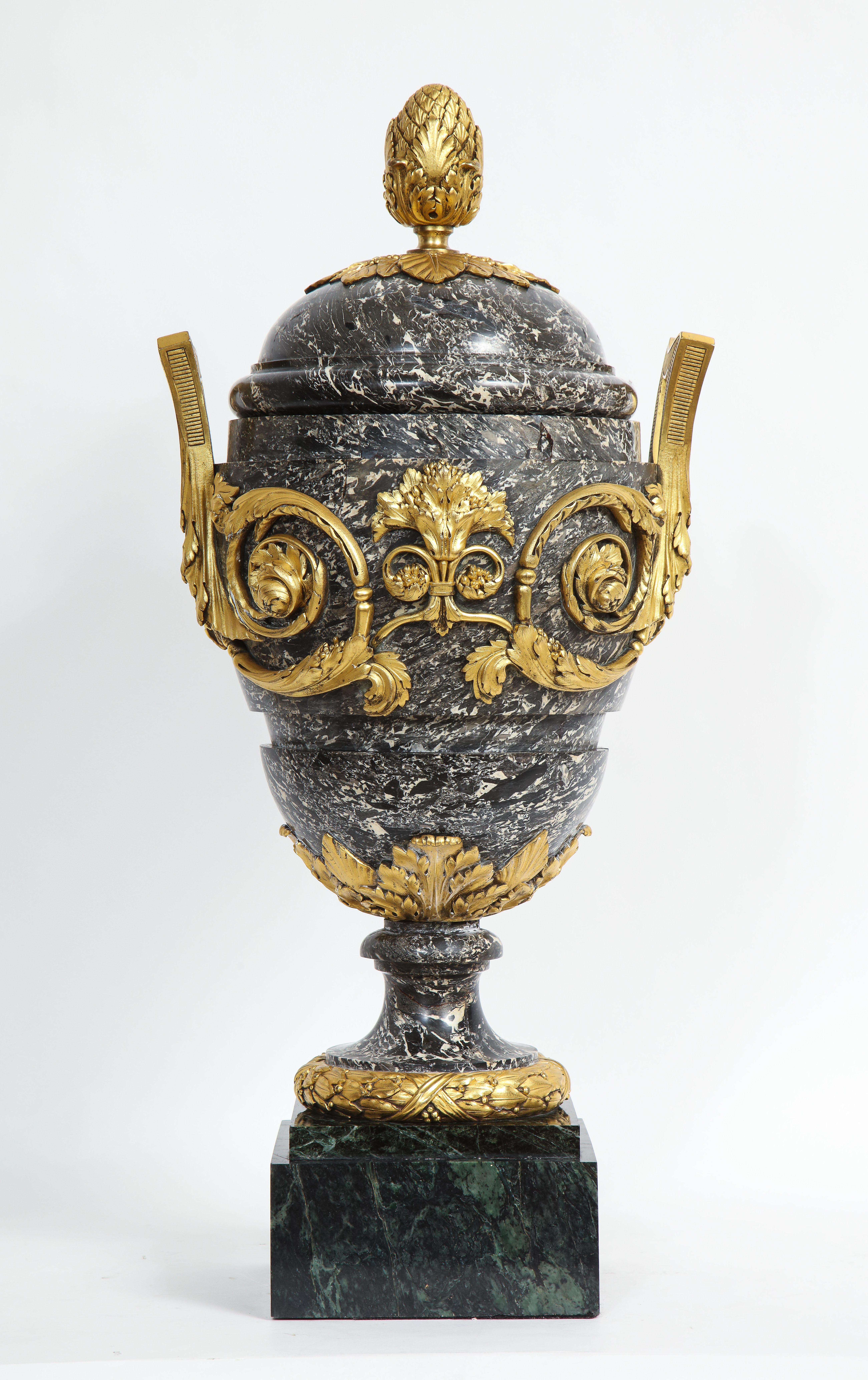 A Monumental 18/19th C. French Ormolu Mounted Grey Marble Covered Urn w/ Handles In Good Condition For Sale In New York, NY