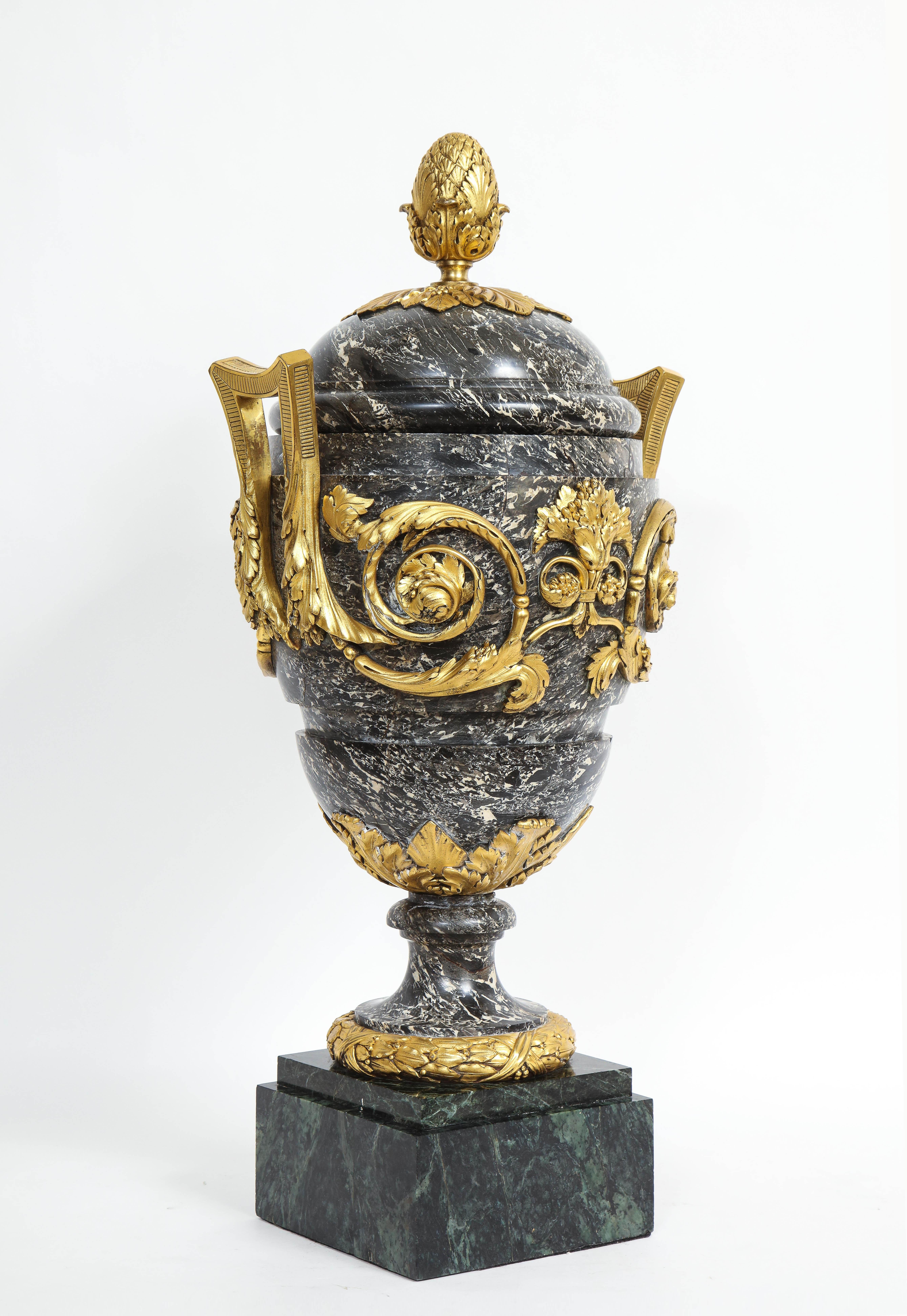 18th Century A Monumental 18/19th C. French Ormolu Mounted Grey Marble Covered Urn w/ Handles For Sale