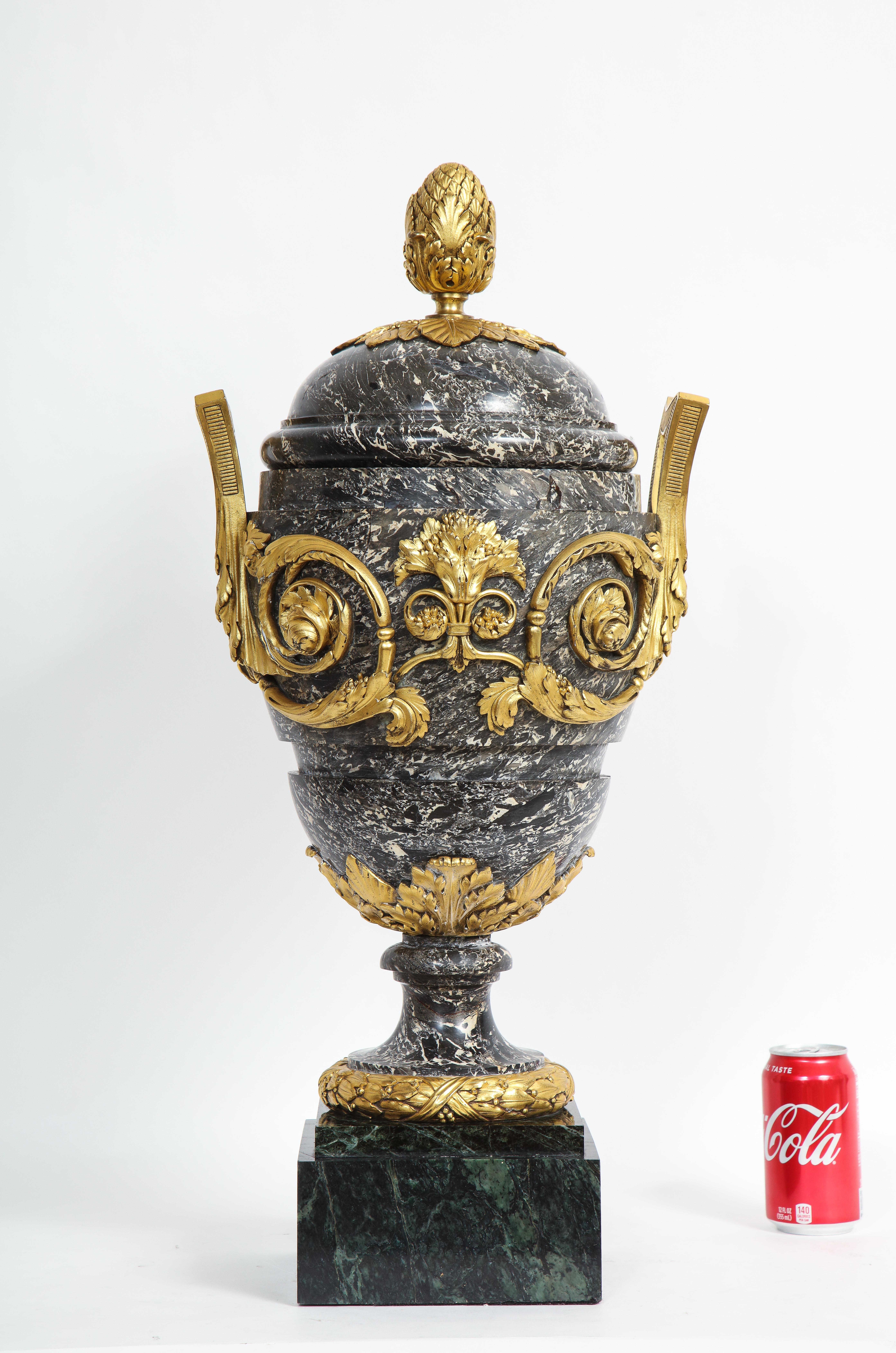 A Monumental 18/19th C. French Ormolu Mounted Grey Marble Covered Urn w/ Handles For Sale 2