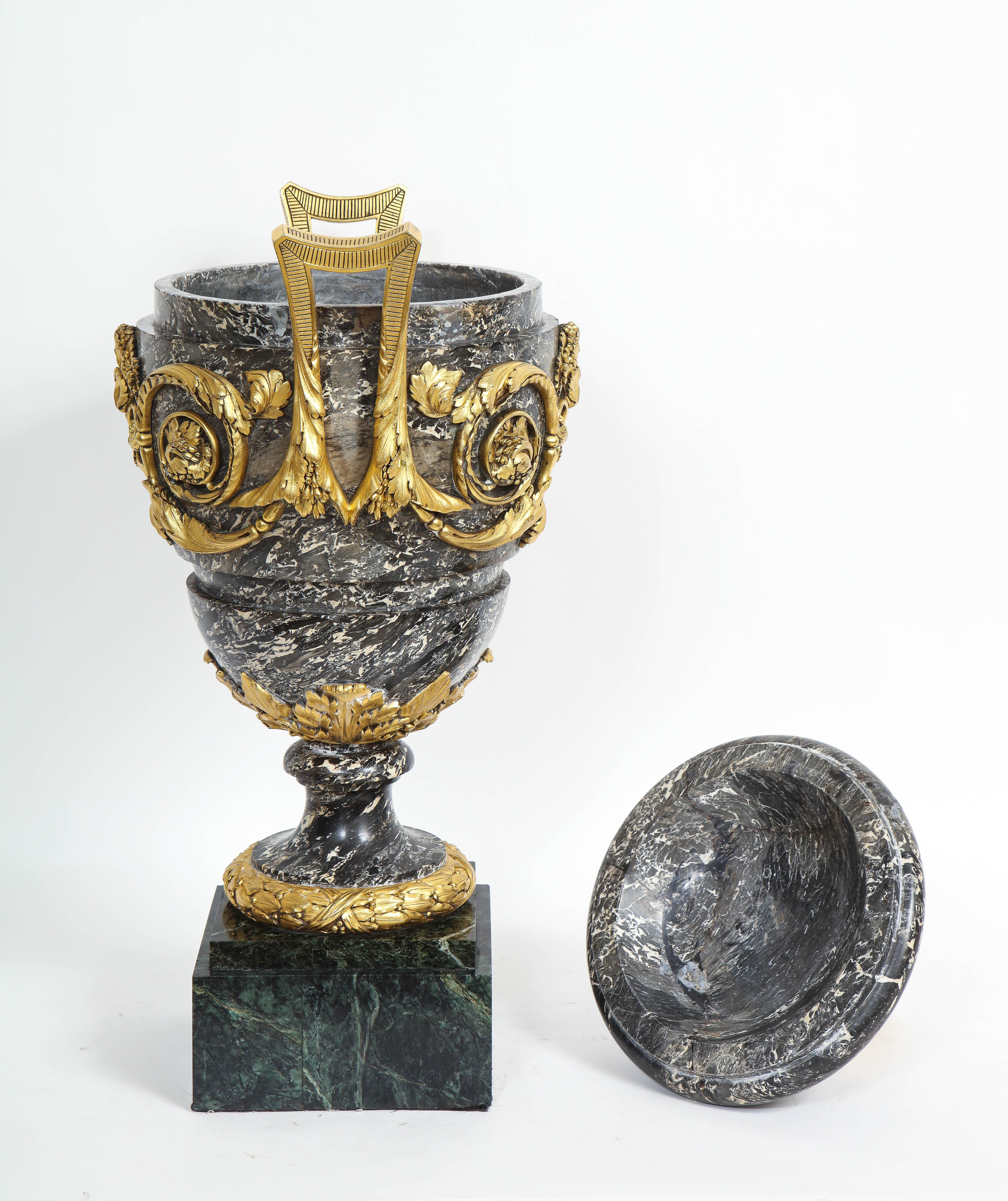 A Monumental 18/19th C. French Ormolu Mounted Grey Marble Covered Urn w/ Handles For Sale 4