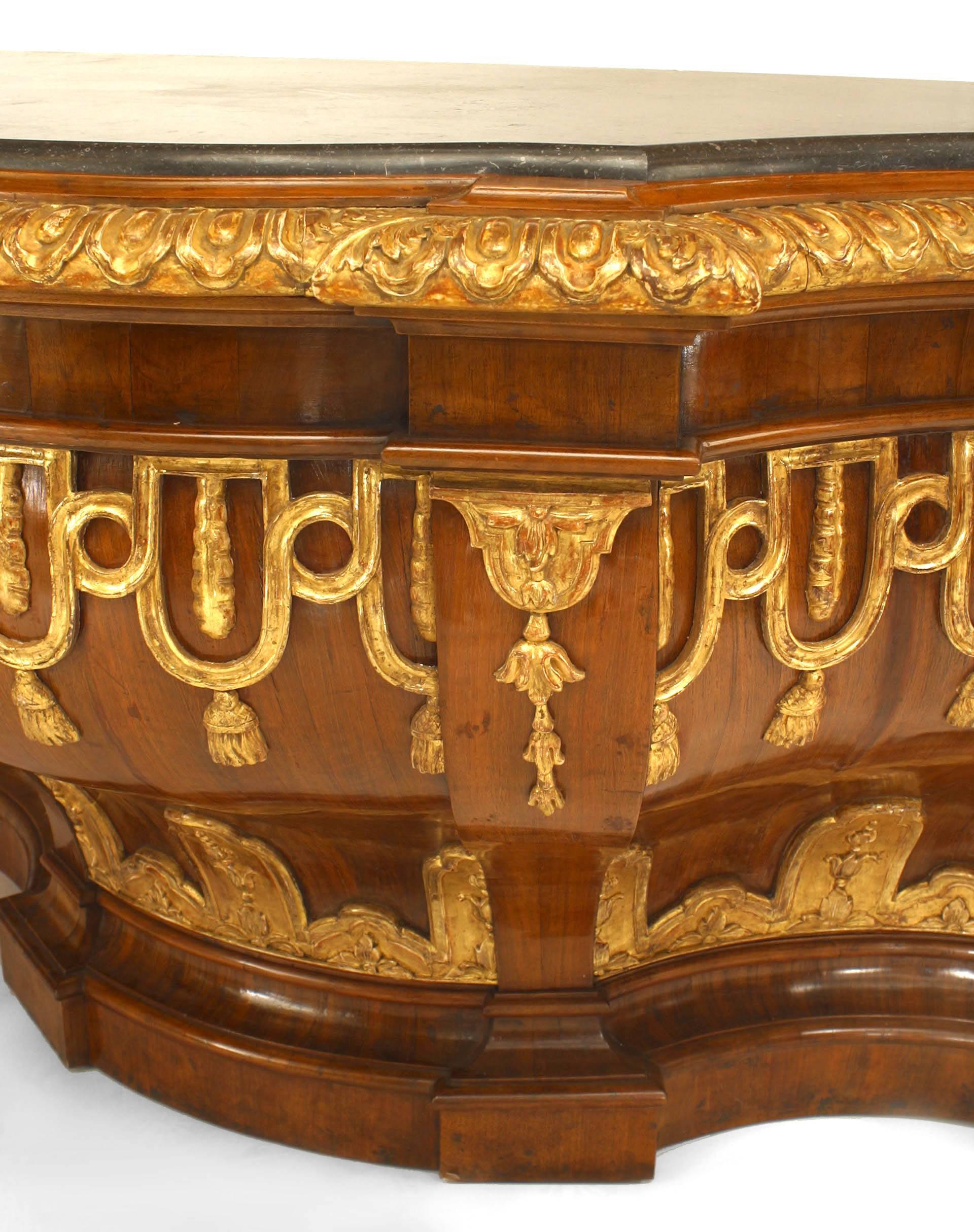 Italian Rococo (18th Century-Veneto Region) walnut bombe shaped sideboard cabinet with molded gilt trim edge with a floral design crowned with a shaped grey marble top.
