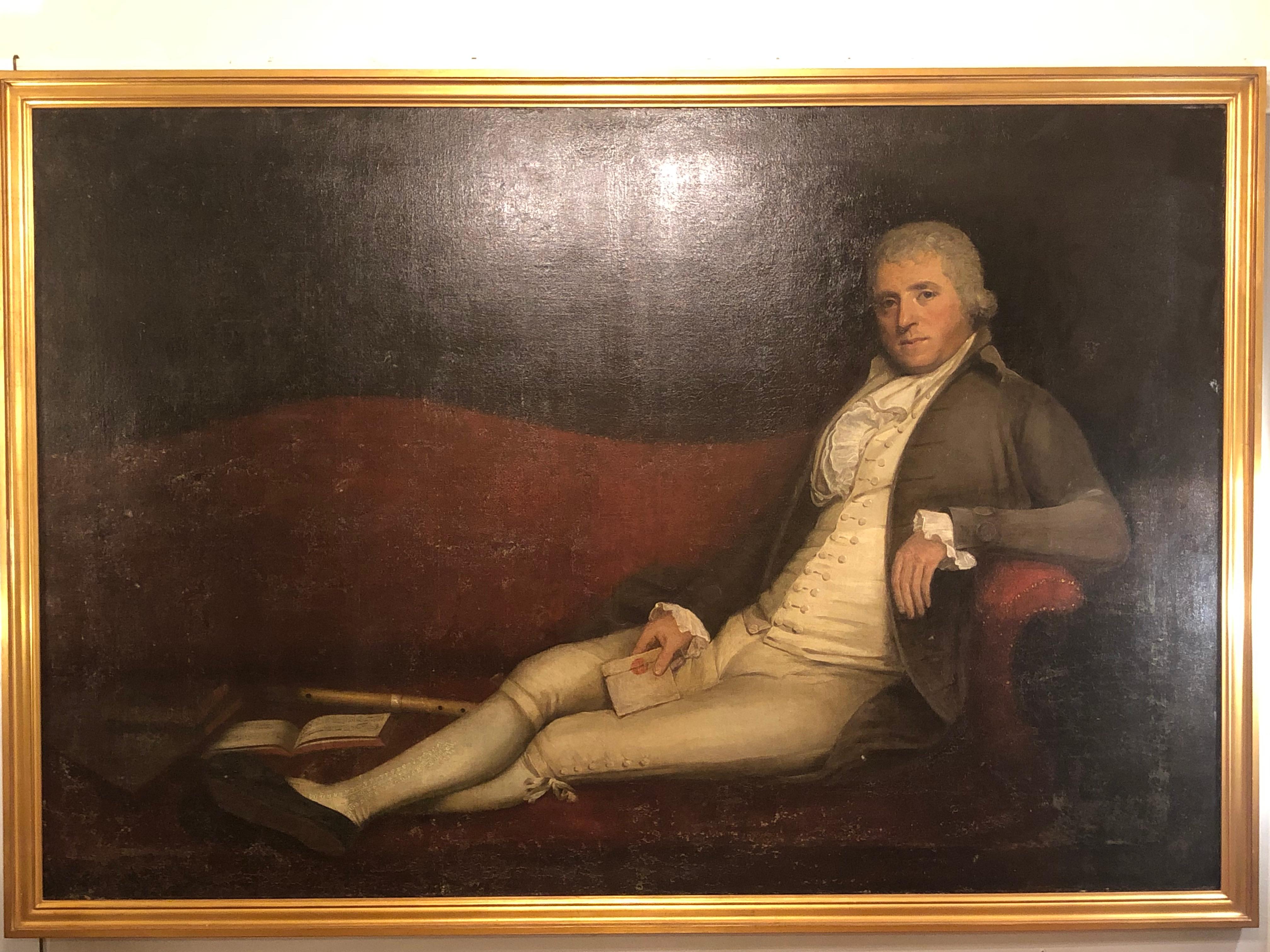 A monumental 19th century oil on canvas of a reclining Gentleman in his study this custom framed and relined painting was purchased by the present owner from William Doyle Galleries in NYC during the 1960s and has been professionally framed and