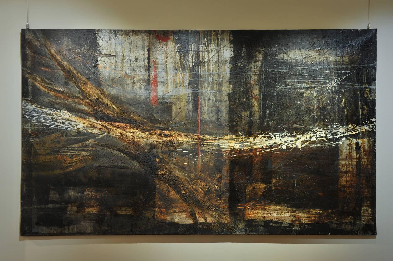A monumental abstract painting, polychrome oil on canvas, with a high texture and relief, with inclusion of gold powder, centered by a dramatic vertical red line.
Very powerful work, reminding Anselm Kiefer.
Anonymous artist from the middle of the