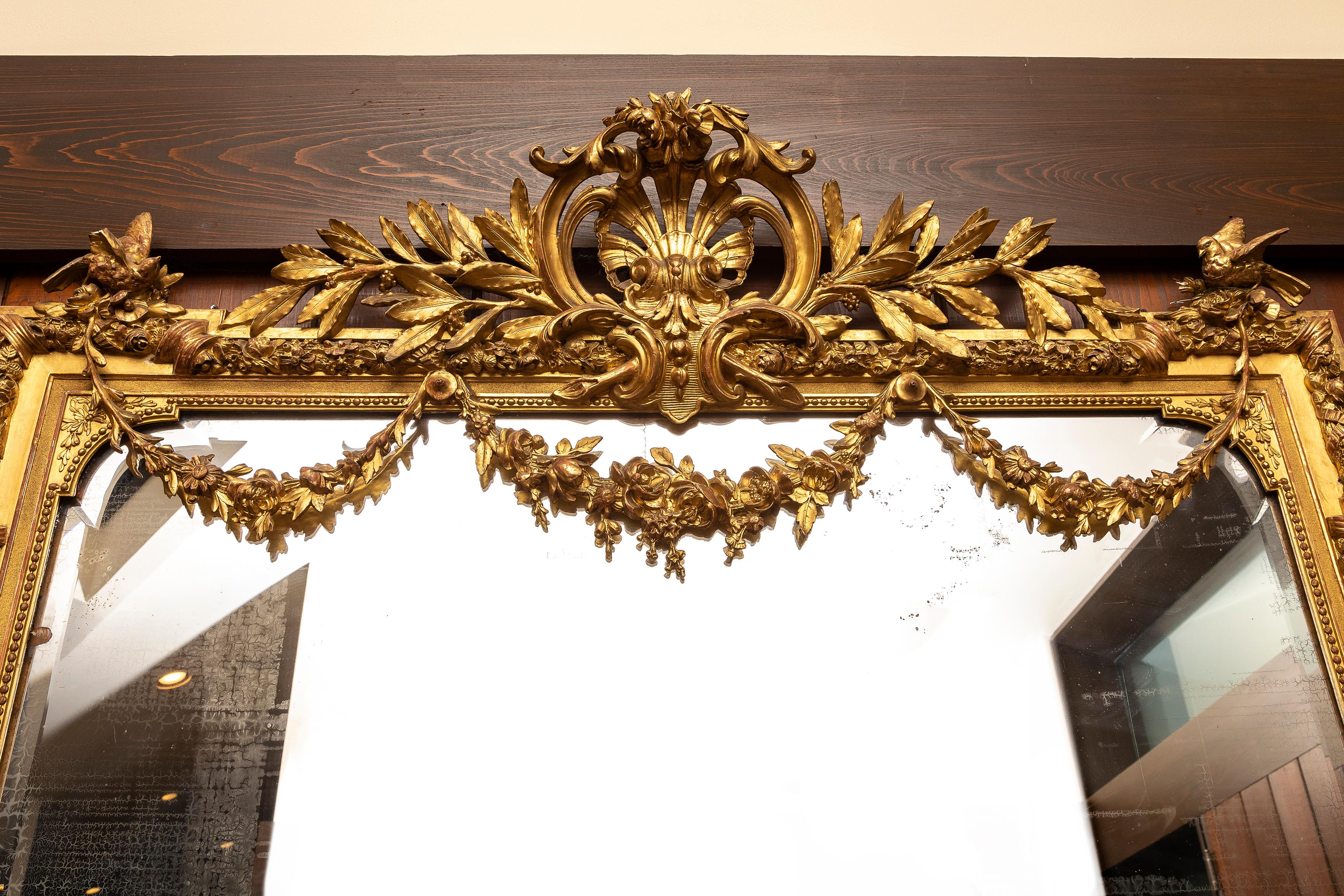 Eine monumentale 19. Jahrhundert Französisch Giltwood Floral Love Birds Mirror (Louis XVI.) im Angebot