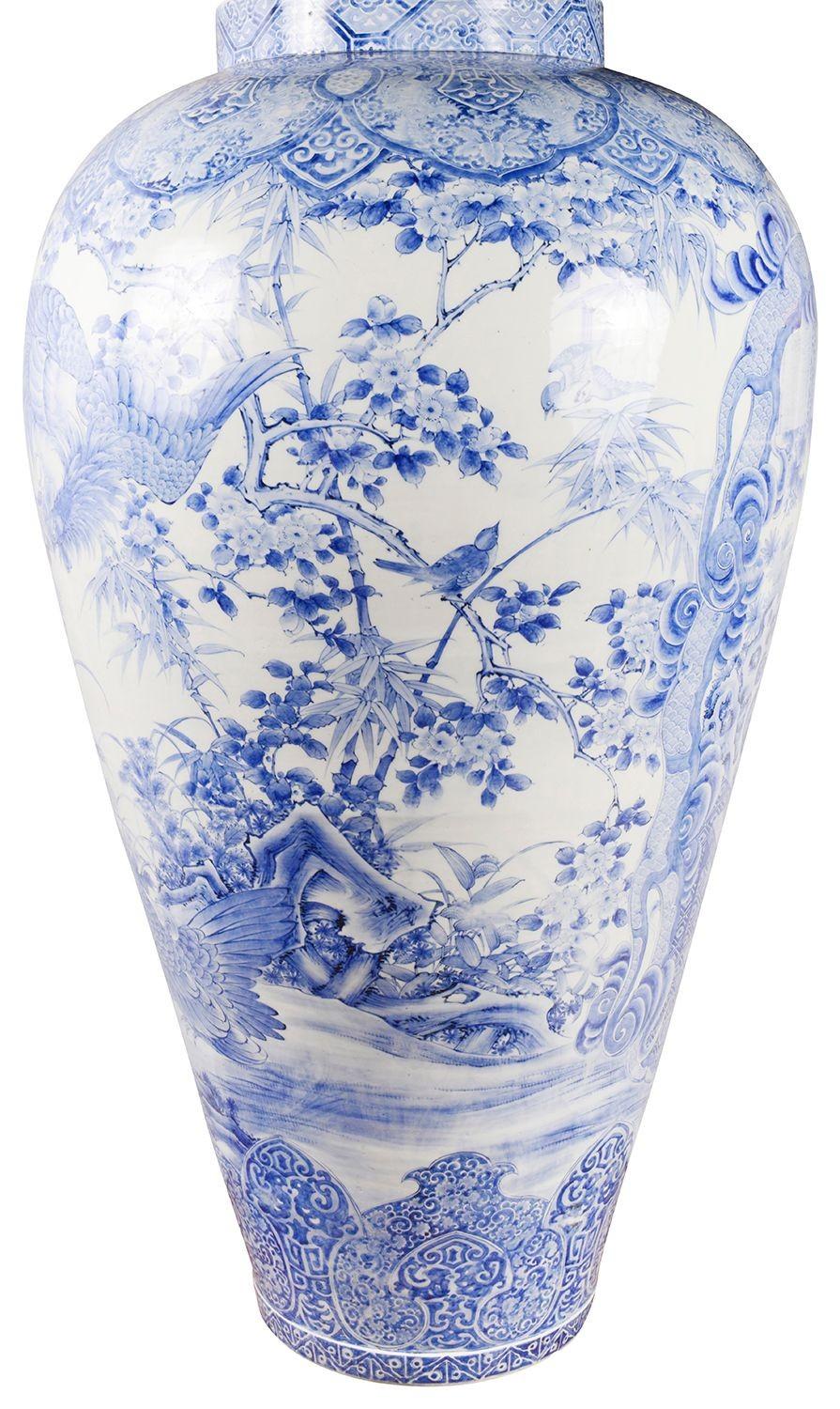 Monumental 19th Century Japanese Blue and White Lidded Palace Vase For Sale 3