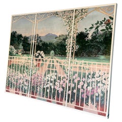 A monumental 9’ original landscape painting on board, framed, 20th century