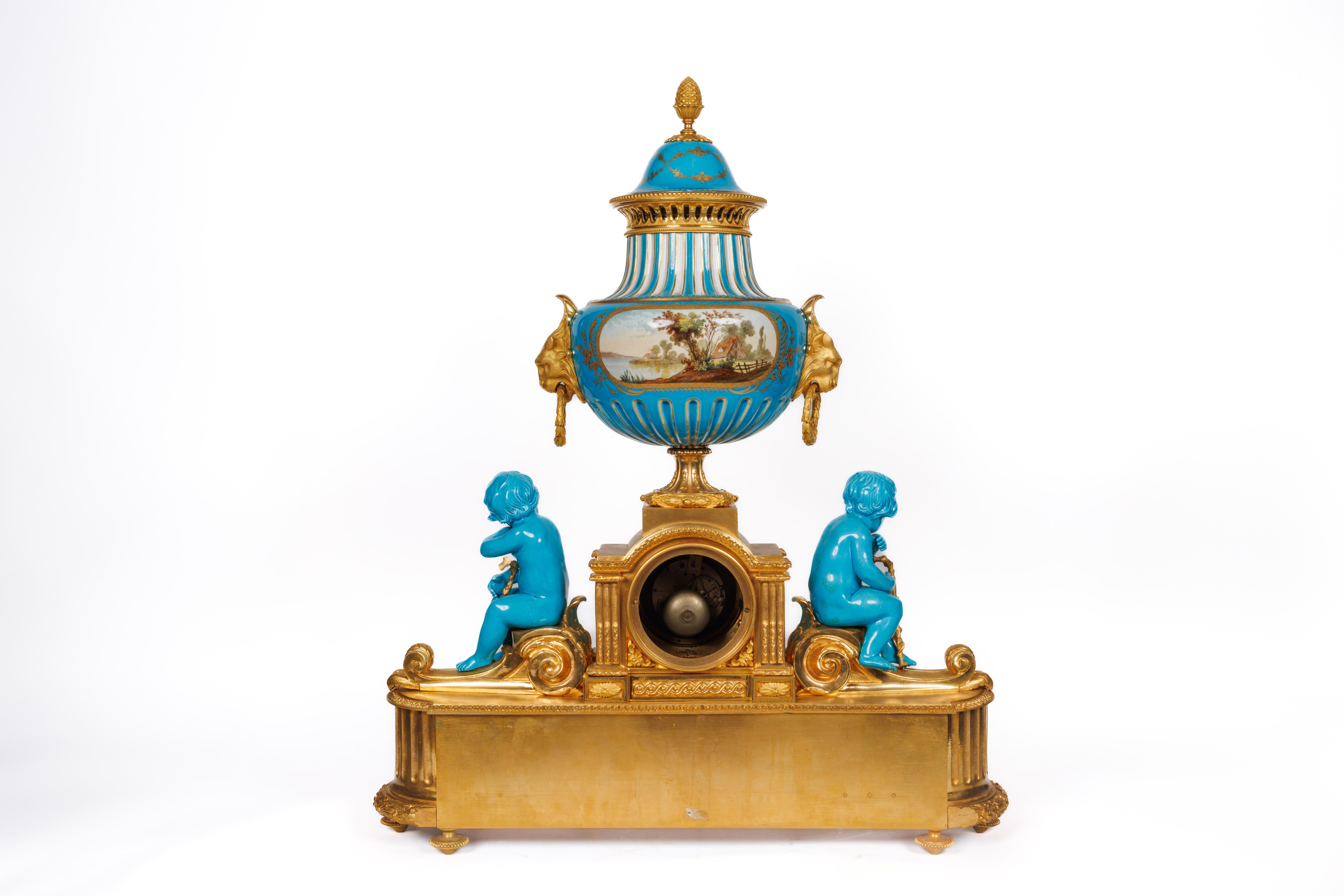 A Monumental and Exceptional French Ormolu and Turquoise Sevres Porcelain Clock For Sale 6