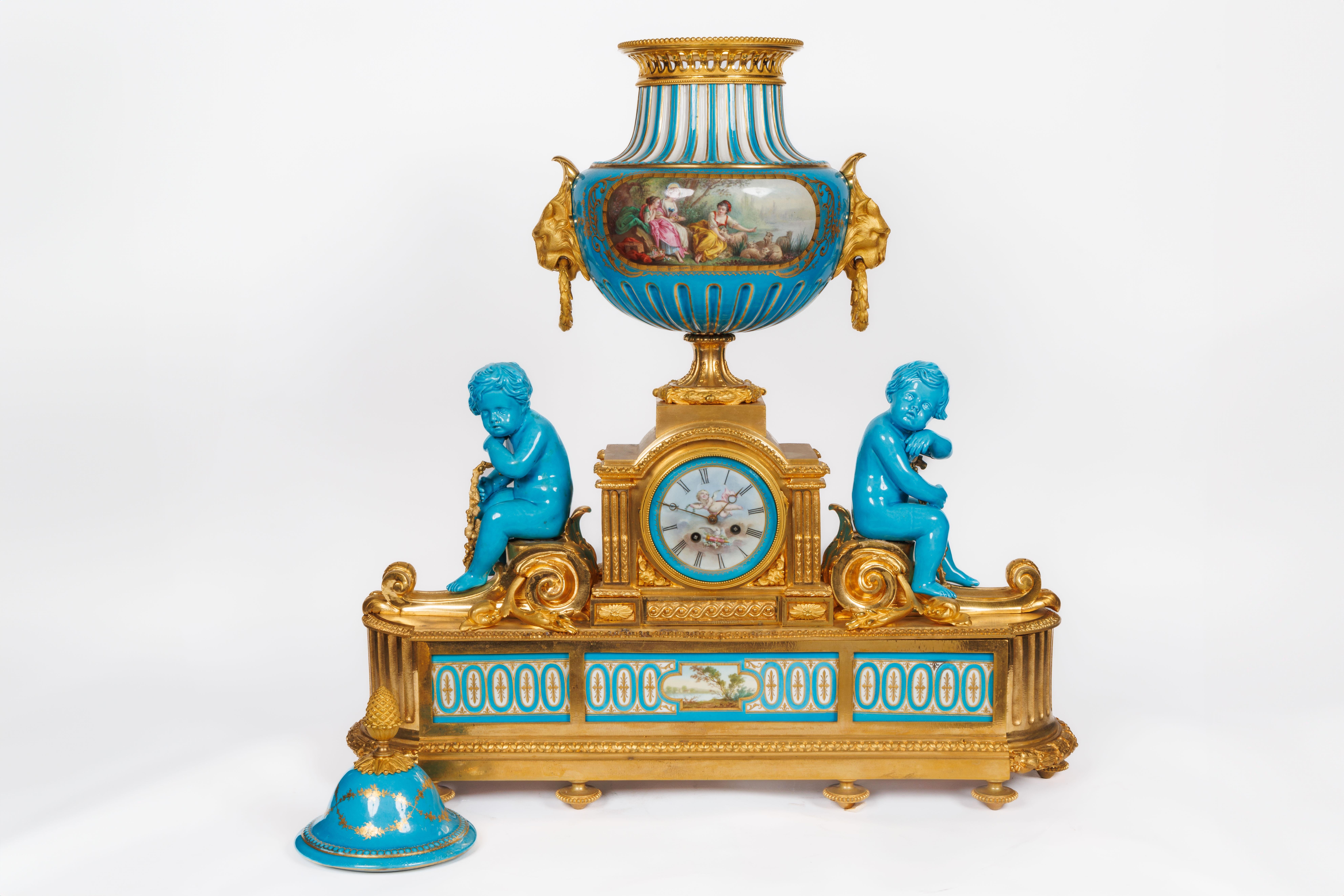 A Monumental and Exceptional French Ormolu and Turquoise Sevres Porcelain Clock For Sale 7