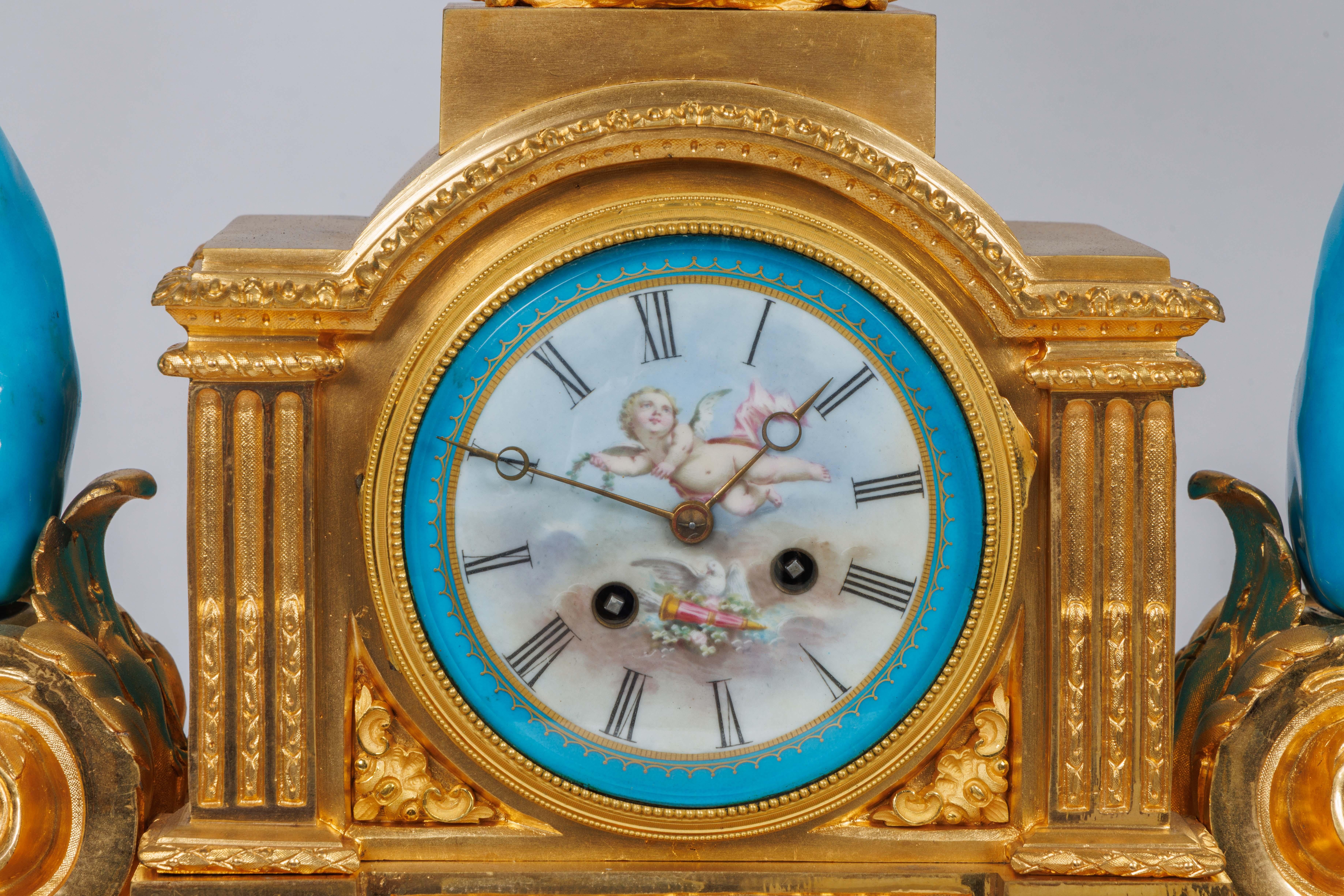 A Monumental and Exceptional French Ormolu and Turquoise Sevres Porcelain Clock, circa 1875

Immerse yourself in the splendor of 19th-century French artistry with this monumental and exceptional ormolu and turquoise Sèvres figural porcelain clock.
