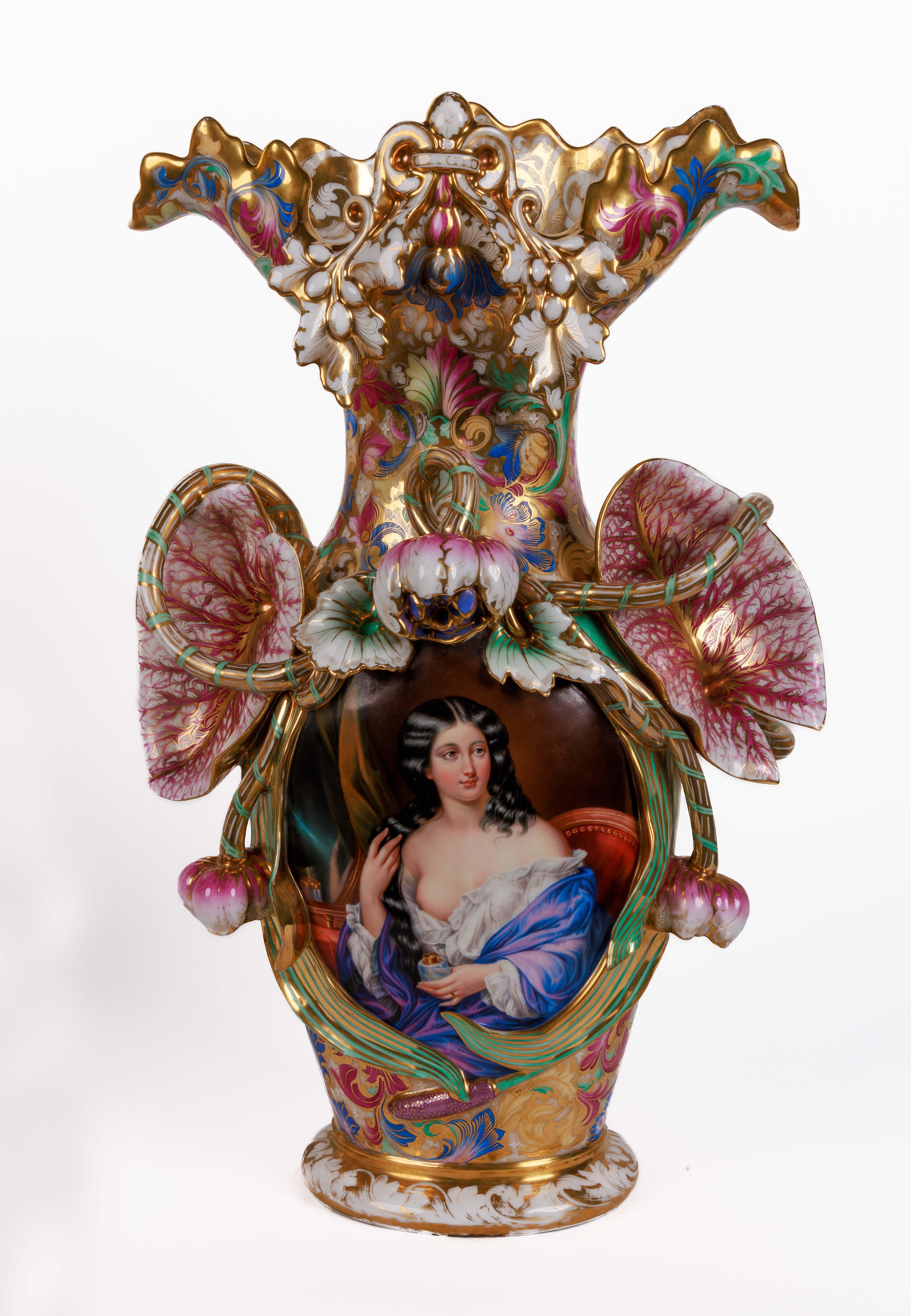 Rococo Monumental and Masterful Pair of French Paris Porcelain Hand-Painted Vases For Sale