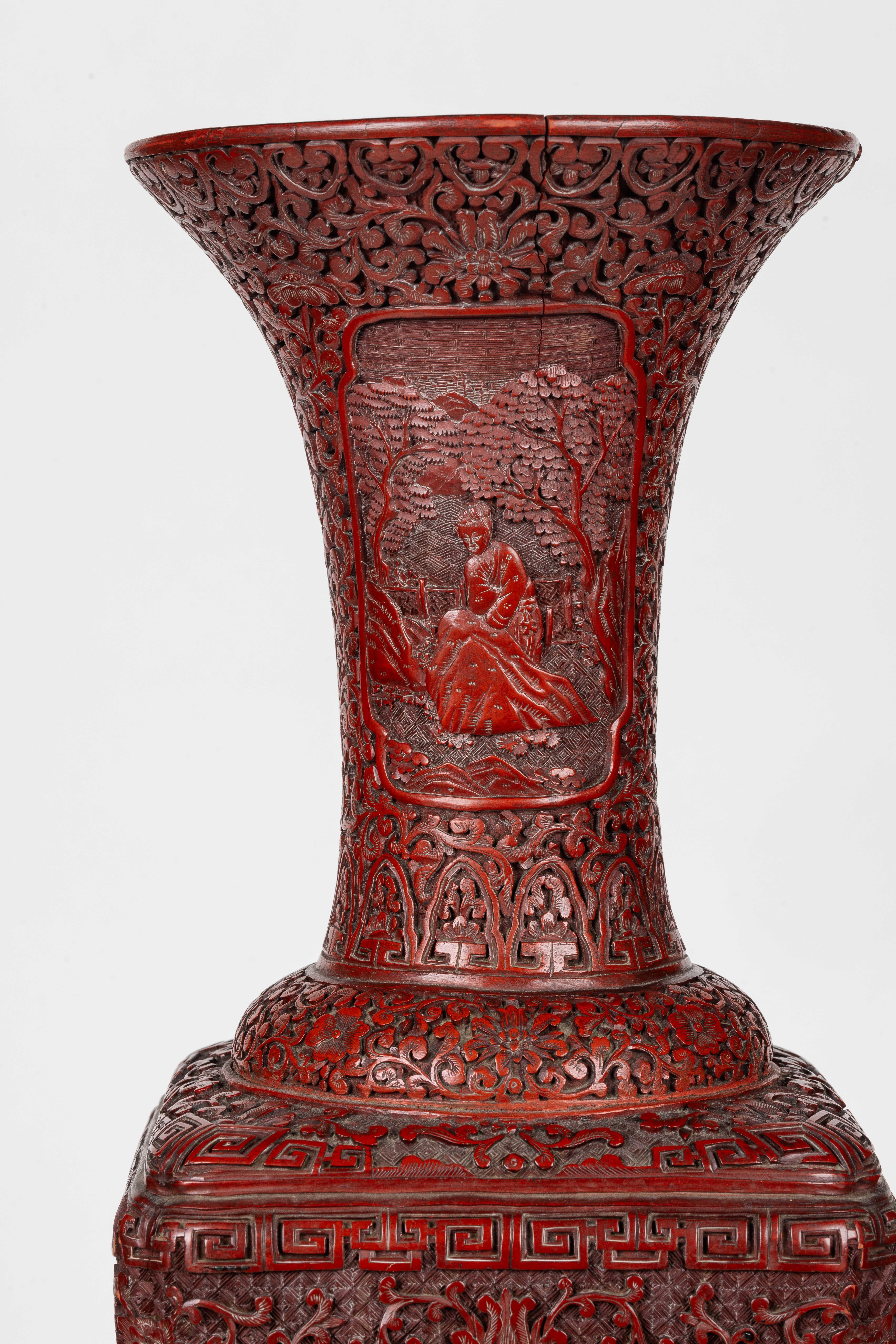 A Monumental and Rare Pair of Chinese Cinnabar Carved Lacquer Vases, Qianlong For Sale 6