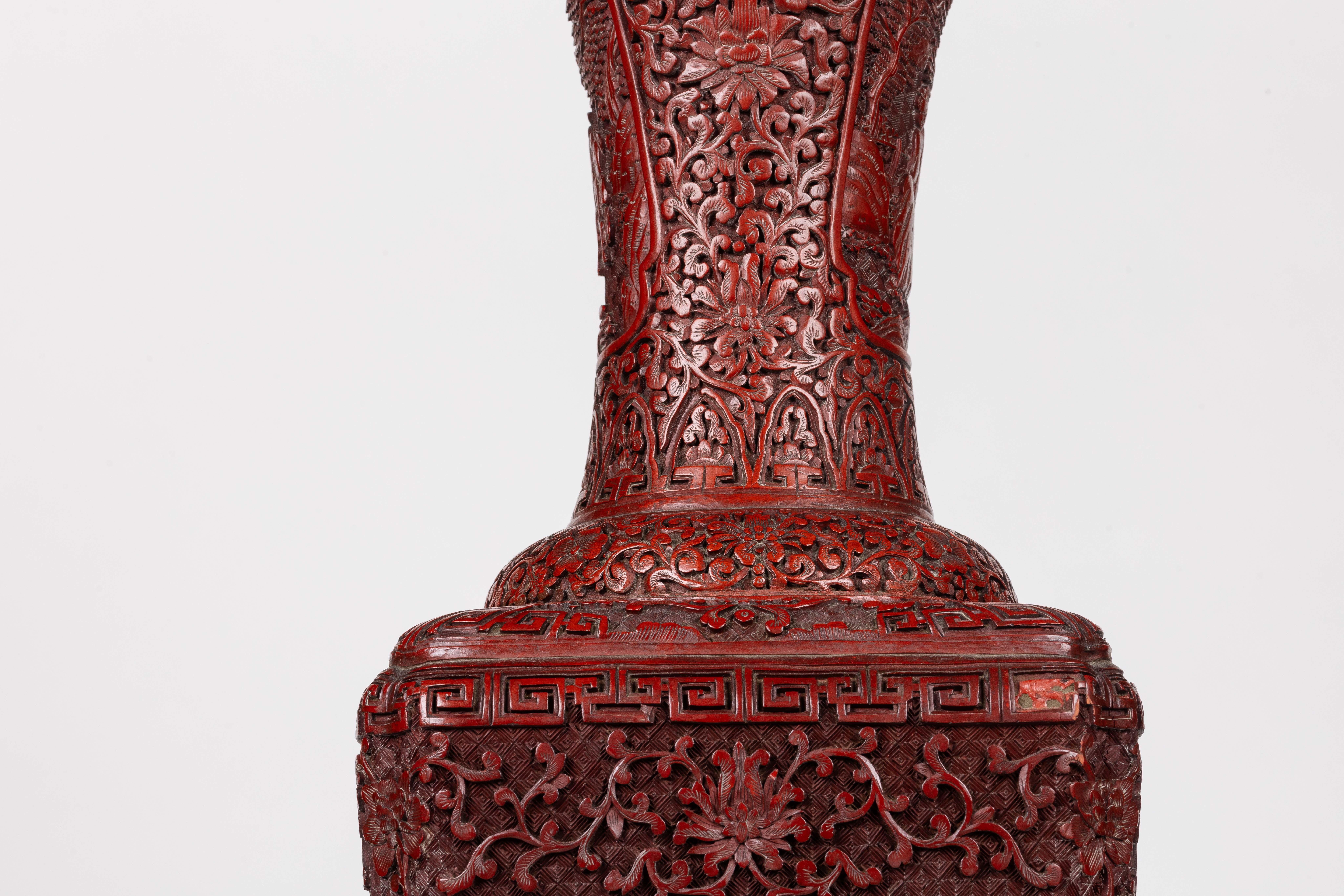 A Monumental and Rare Pair of Chinese Cinnabar Carved Lacquer Vases, Qianlong For Sale 8