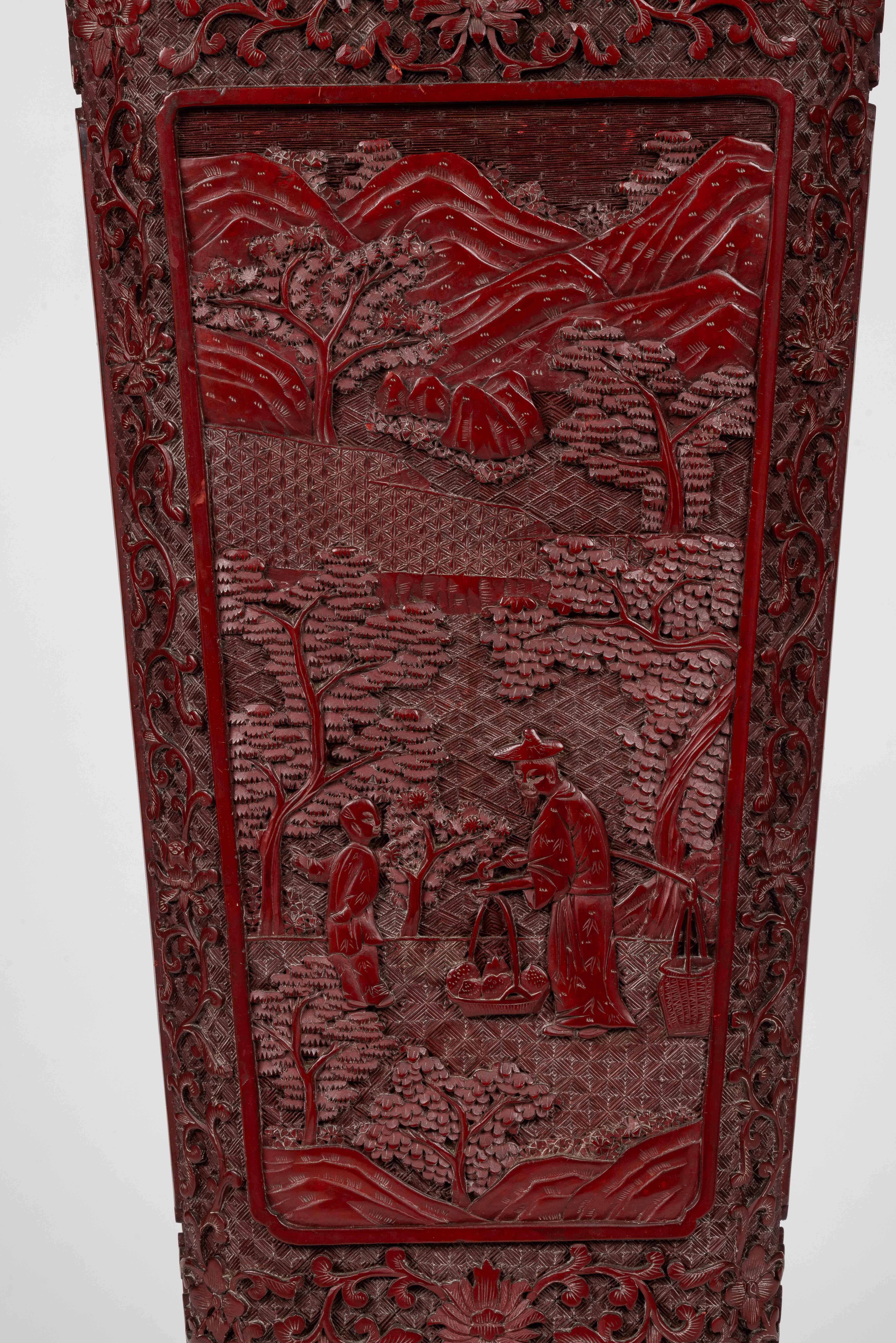 A Monumental and Rare Pair of Chinese Cinnabar Carved Lacquer Vases, Qianlong For Sale 9