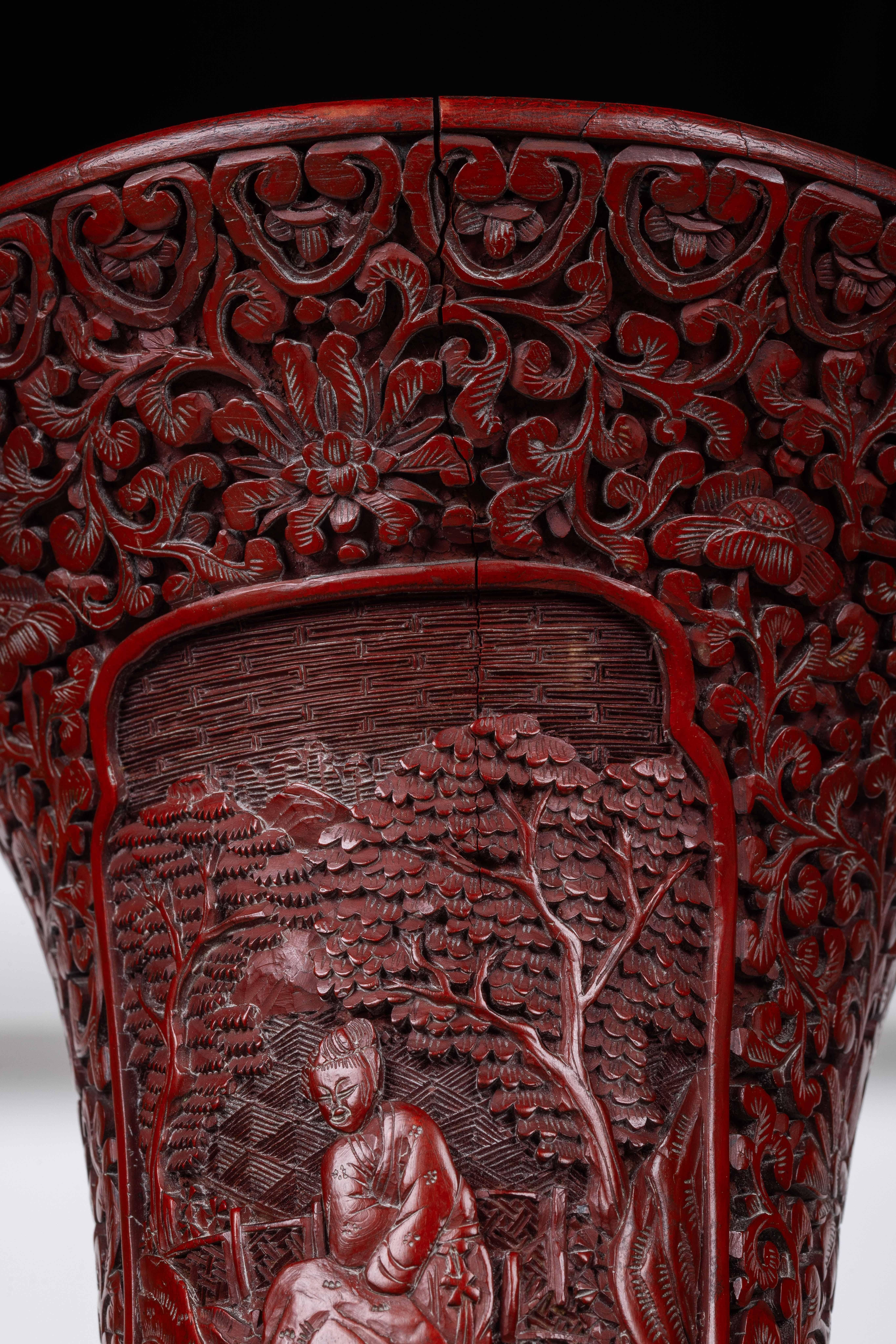 A Monumental and Rare Pair of Chinese Cinnabar Carved Lacquer Vases, Qianlong For Sale 13