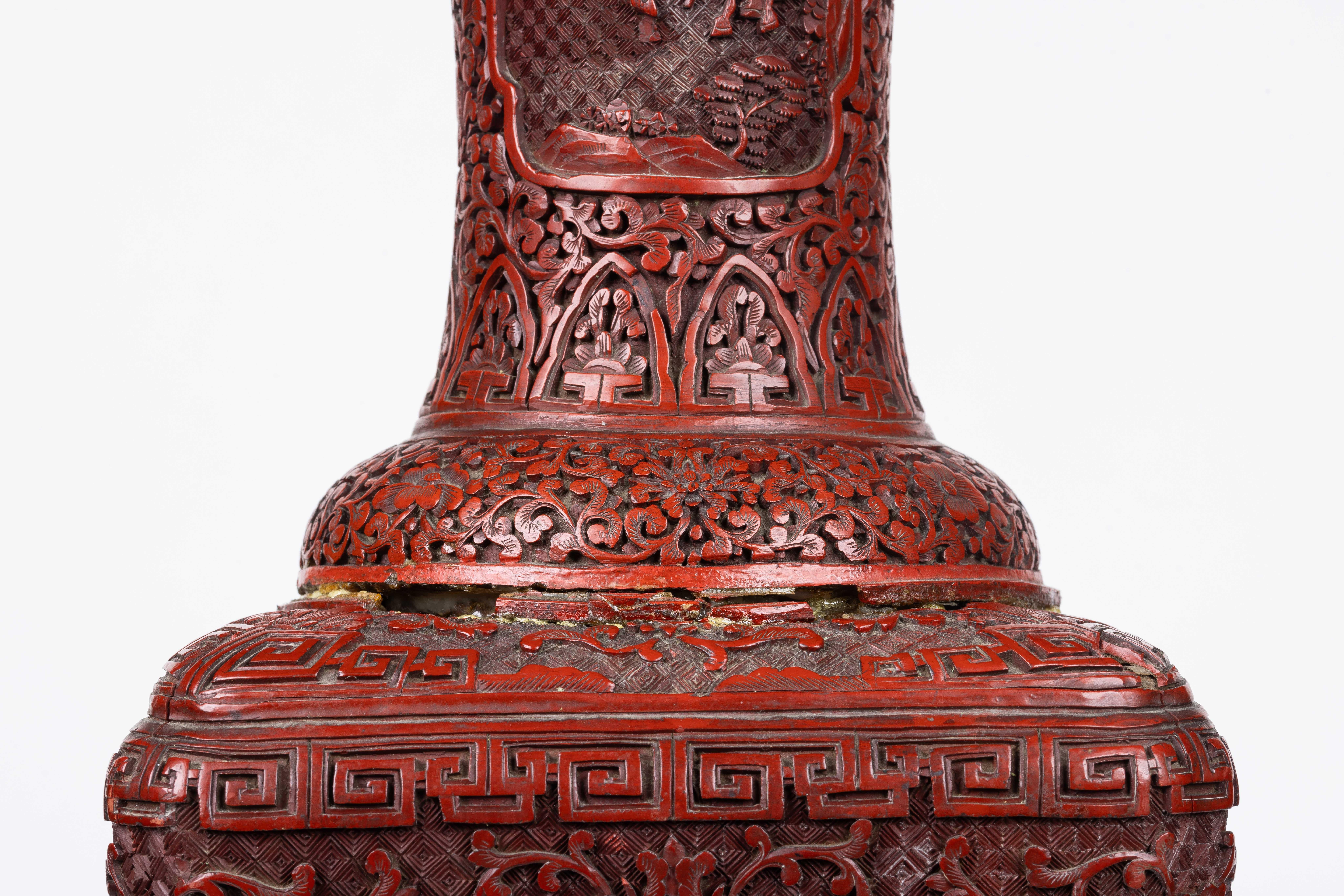 A Monumental and Rare Pair of Chinese Cinnabar Carved Lacquer Vases, Qianlong For Sale 14
