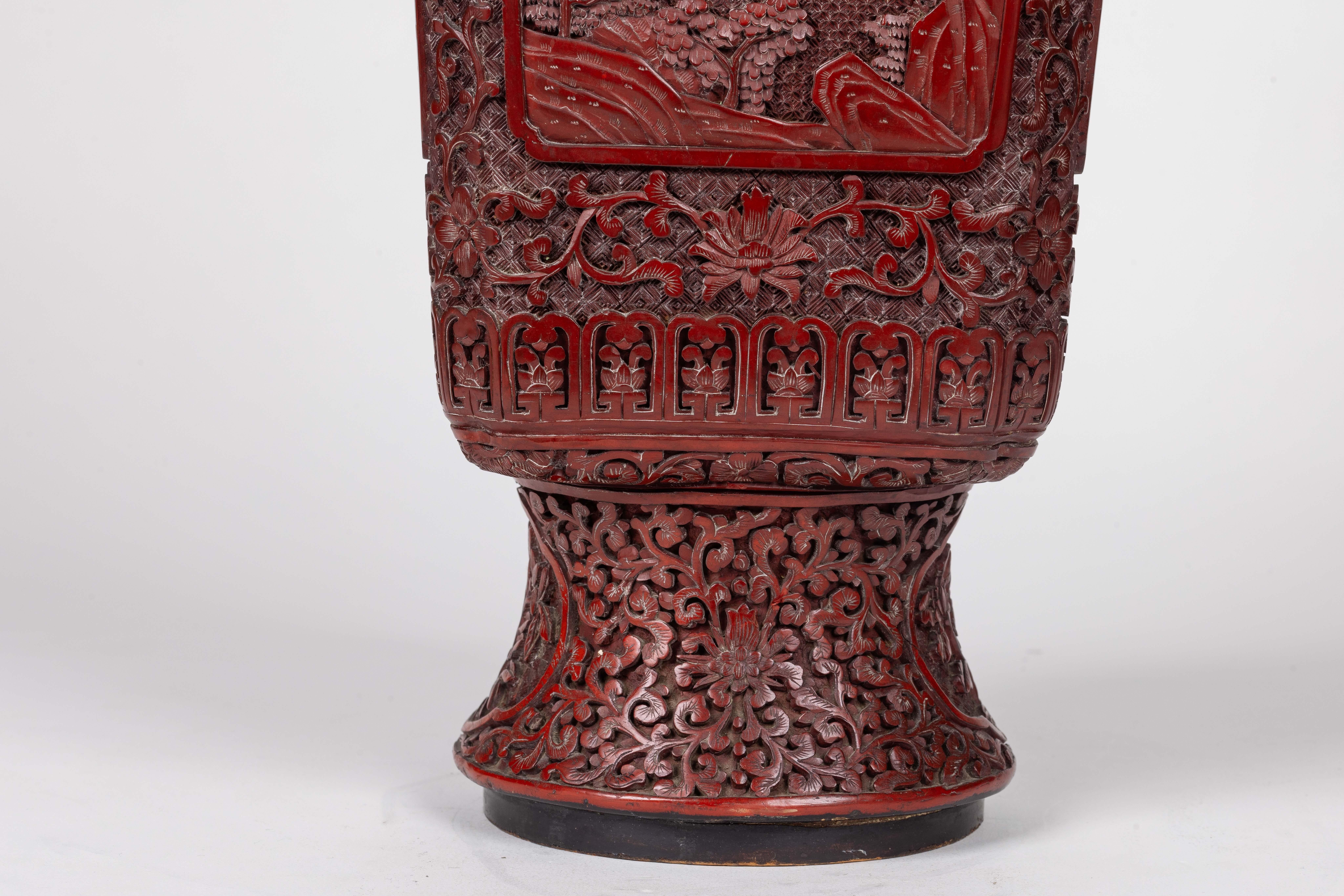 19th Century A Monumental and Rare Pair of Chinese Cinnabar Carved Lacquer Vases, Qianlong For Sale
