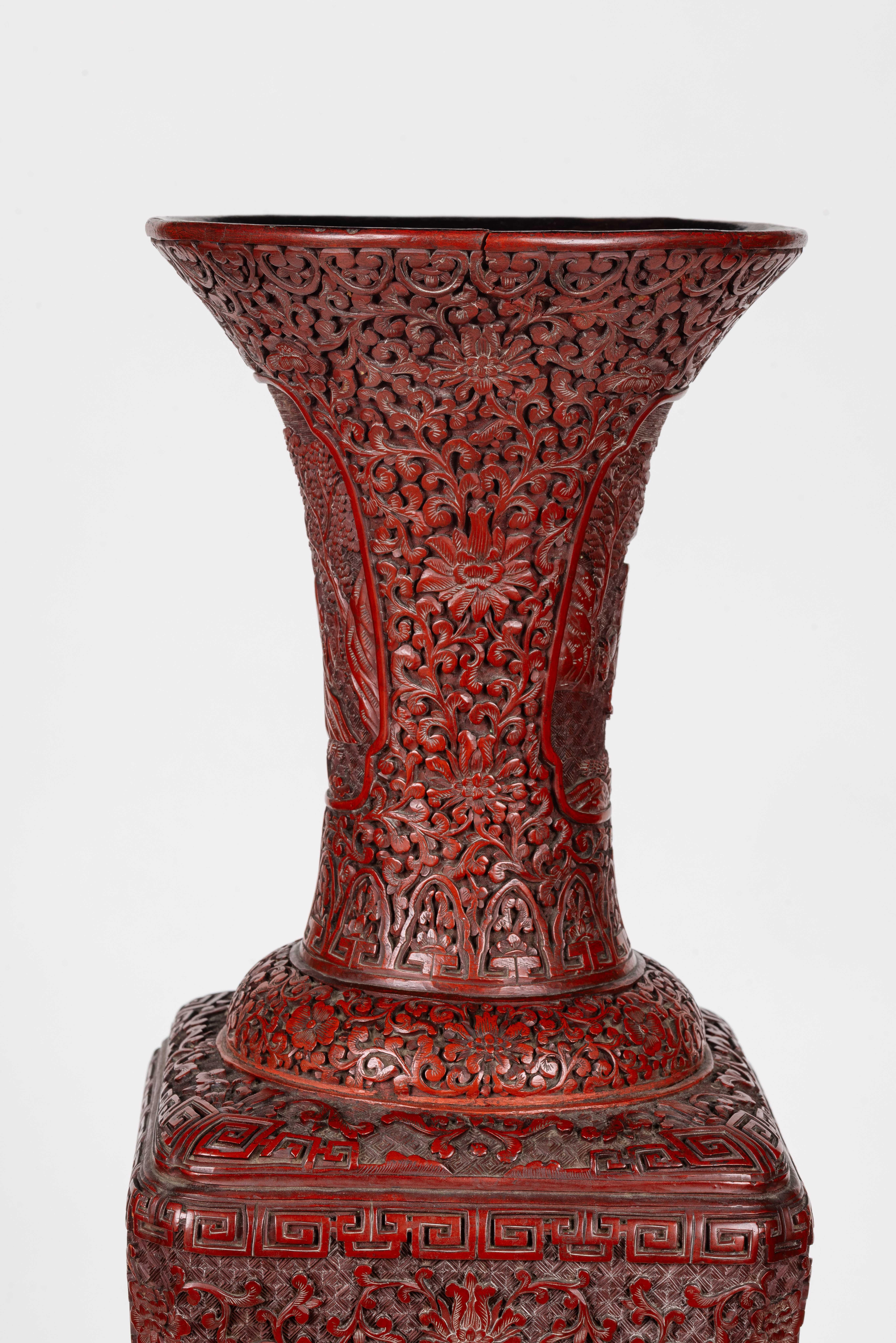 A Monumental and Rare Pair of Chinese Cinnabar Carved Lacquer Vases, Qianlong For Sale 1