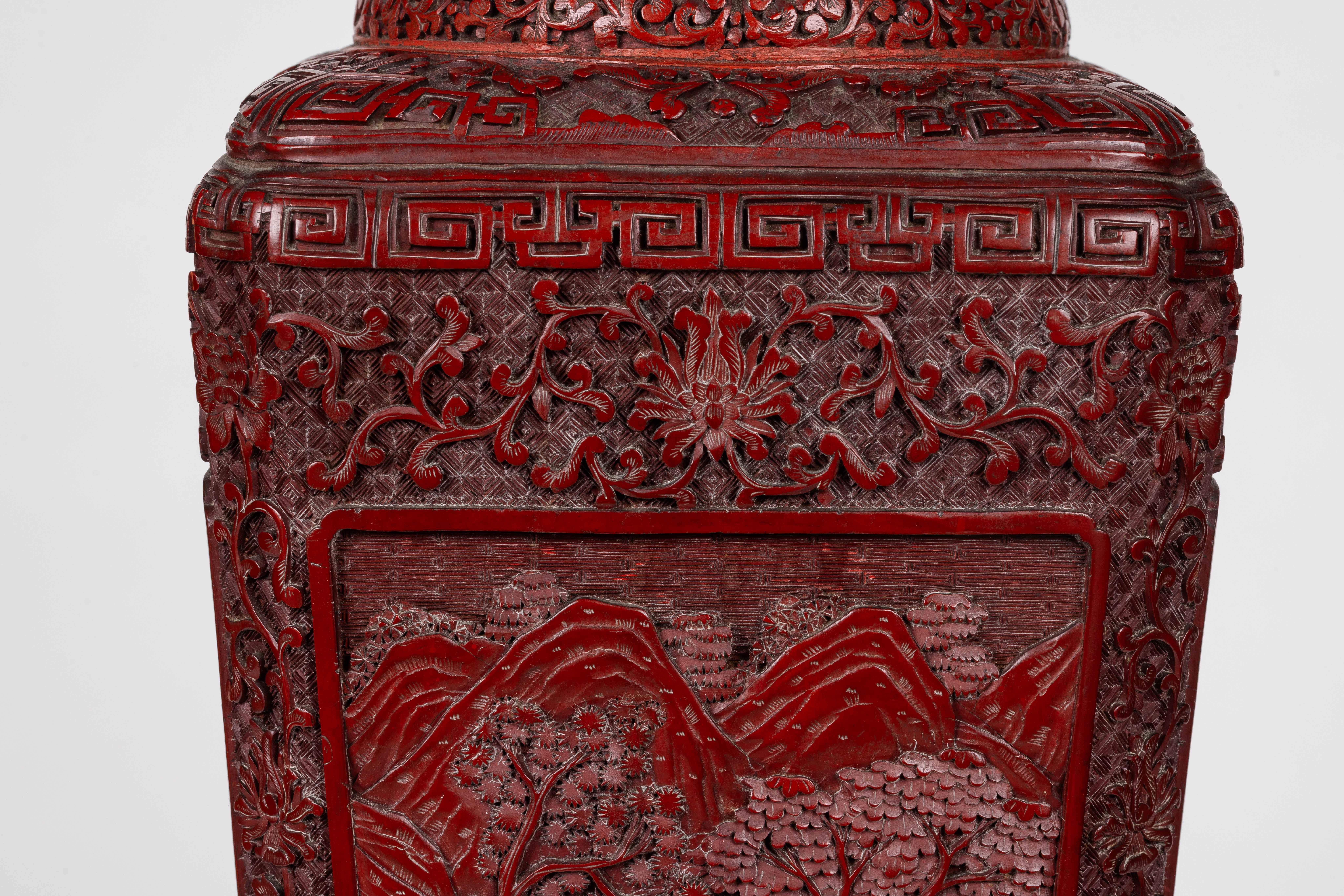 A Monumental and Rare Pair of Chinese Cinnabar Carved Lacquer Vases, Qianlong For Sale 3