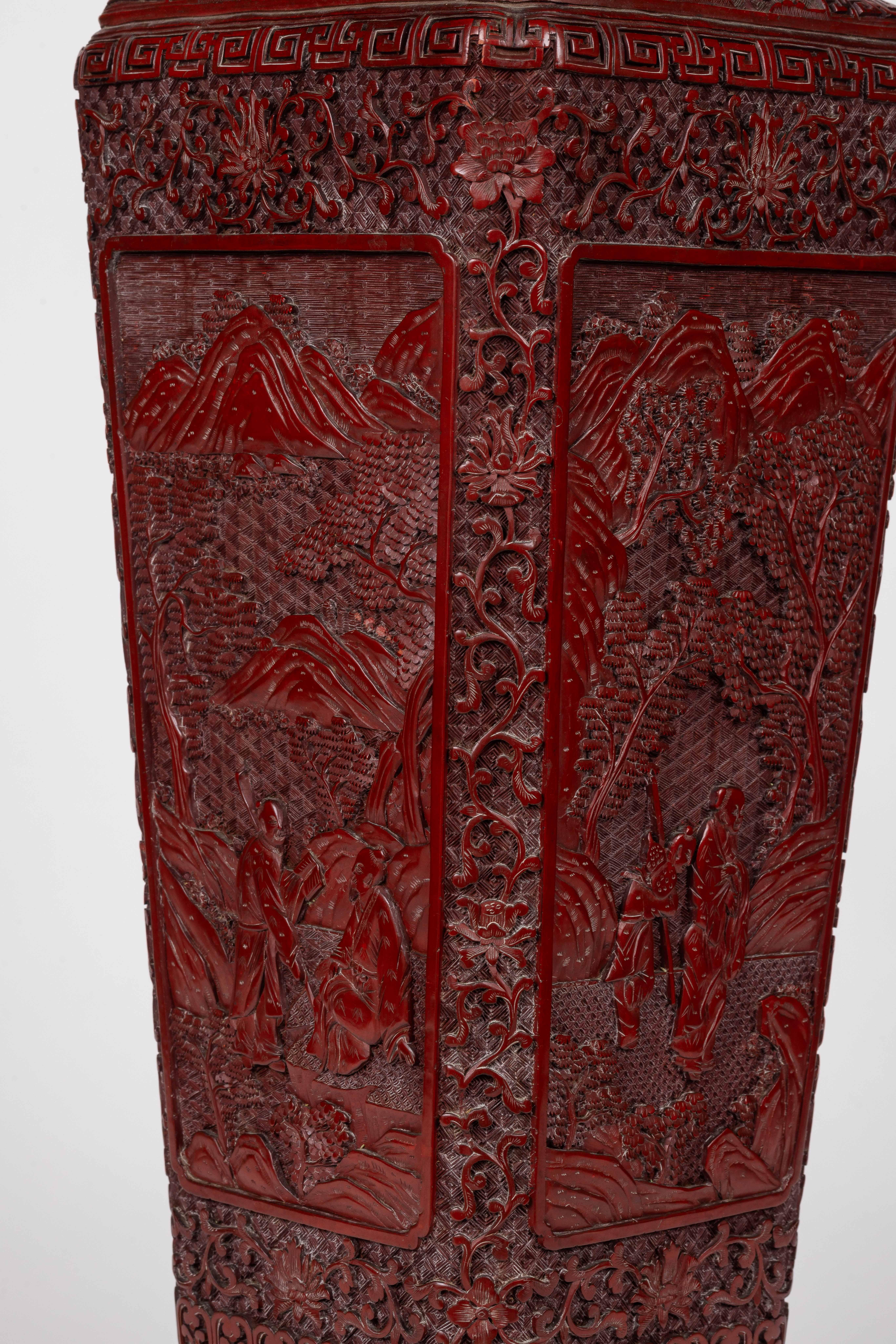A Monumental and Rare Pair of Chinese Cinnabar Carved Lacquer Vases, Qianlong For Sale 4
