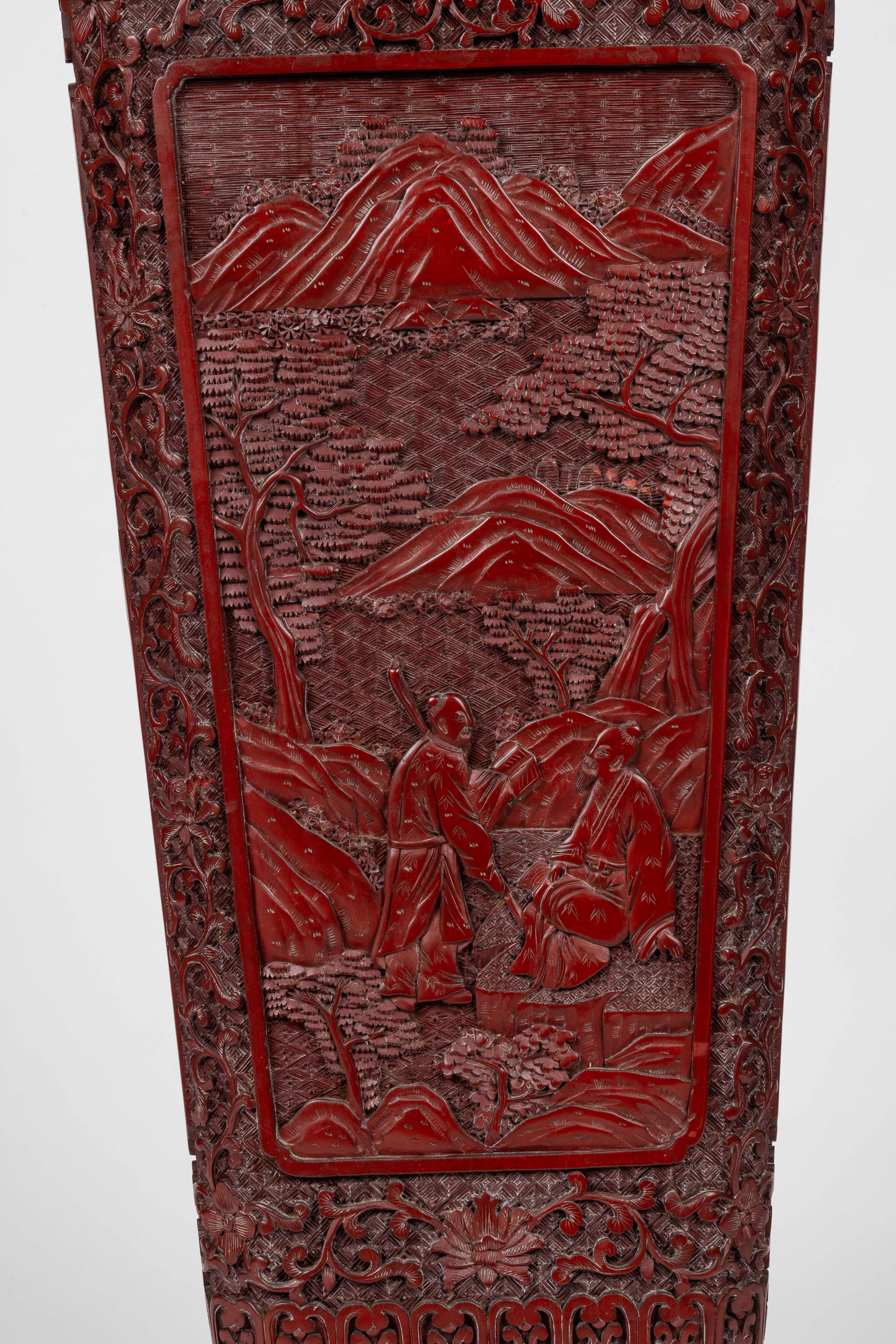 A Monumental and Rare Pair of Chinese Cinnabar Carved Lacquer Vases, Qianlong For Sale 5