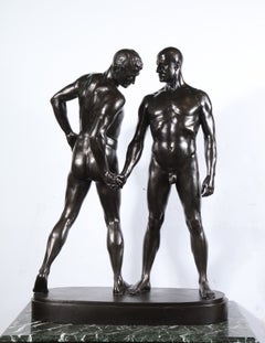 Monumentale und auffällige patinierte Bronzefigur von zwei männlichen erotischen Liebhabern