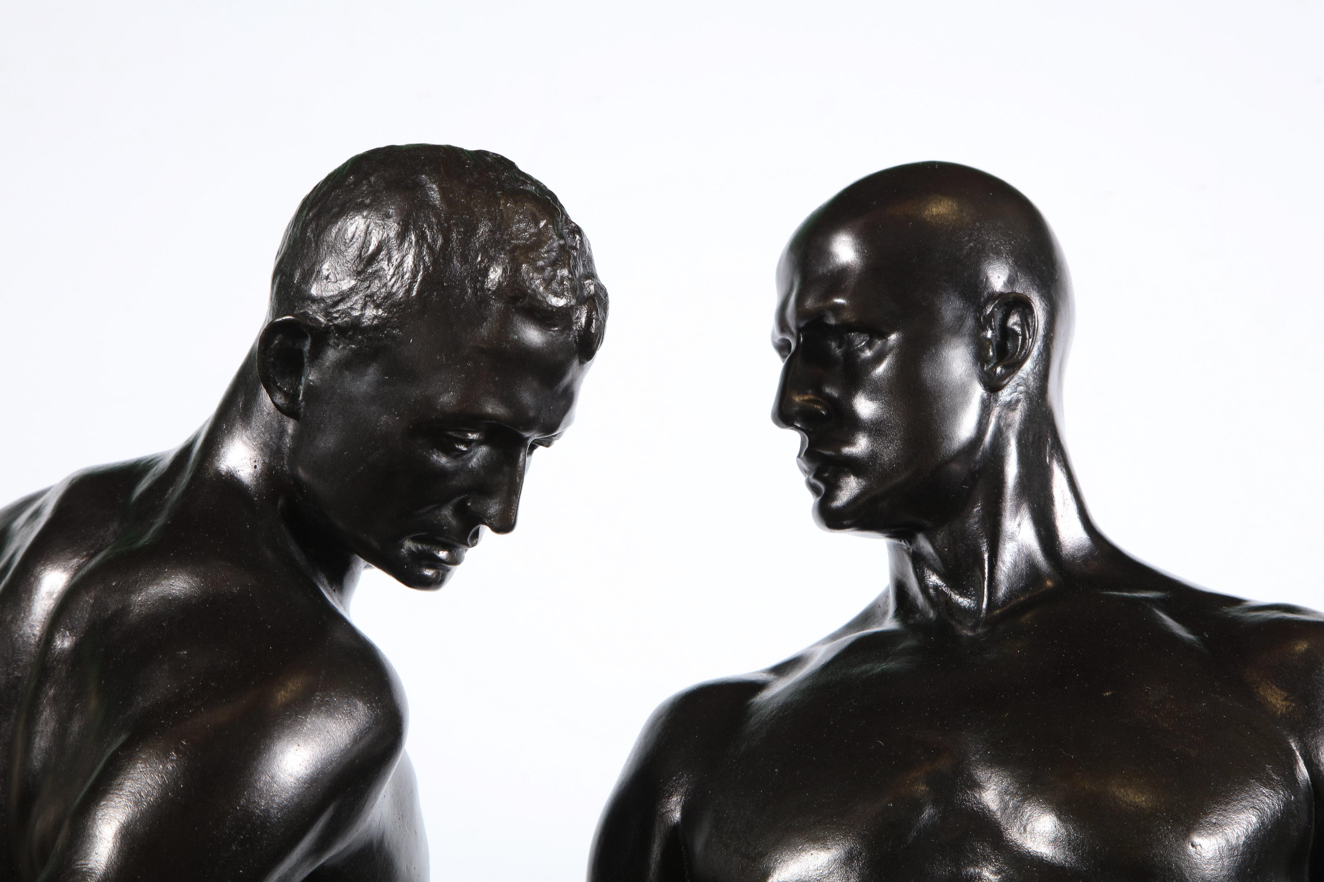 Monumental and Striking Patinated Bronze Figure of Two Male Nude Erotic Lovers In Good Condition In New York, NY