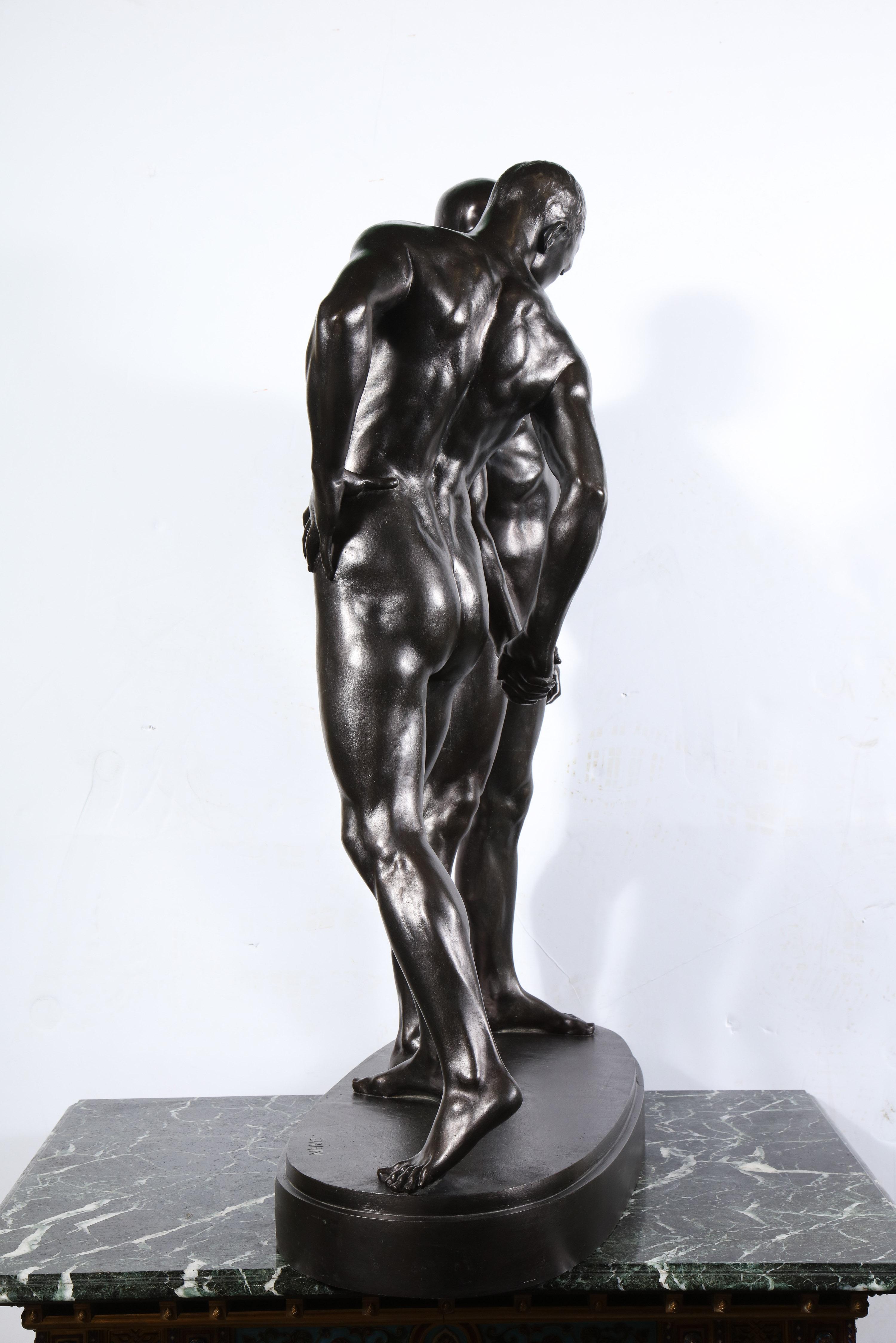 Monumental and Striking Patinated Bronze Figure of Two Male Nude Erotic Lovers 3
