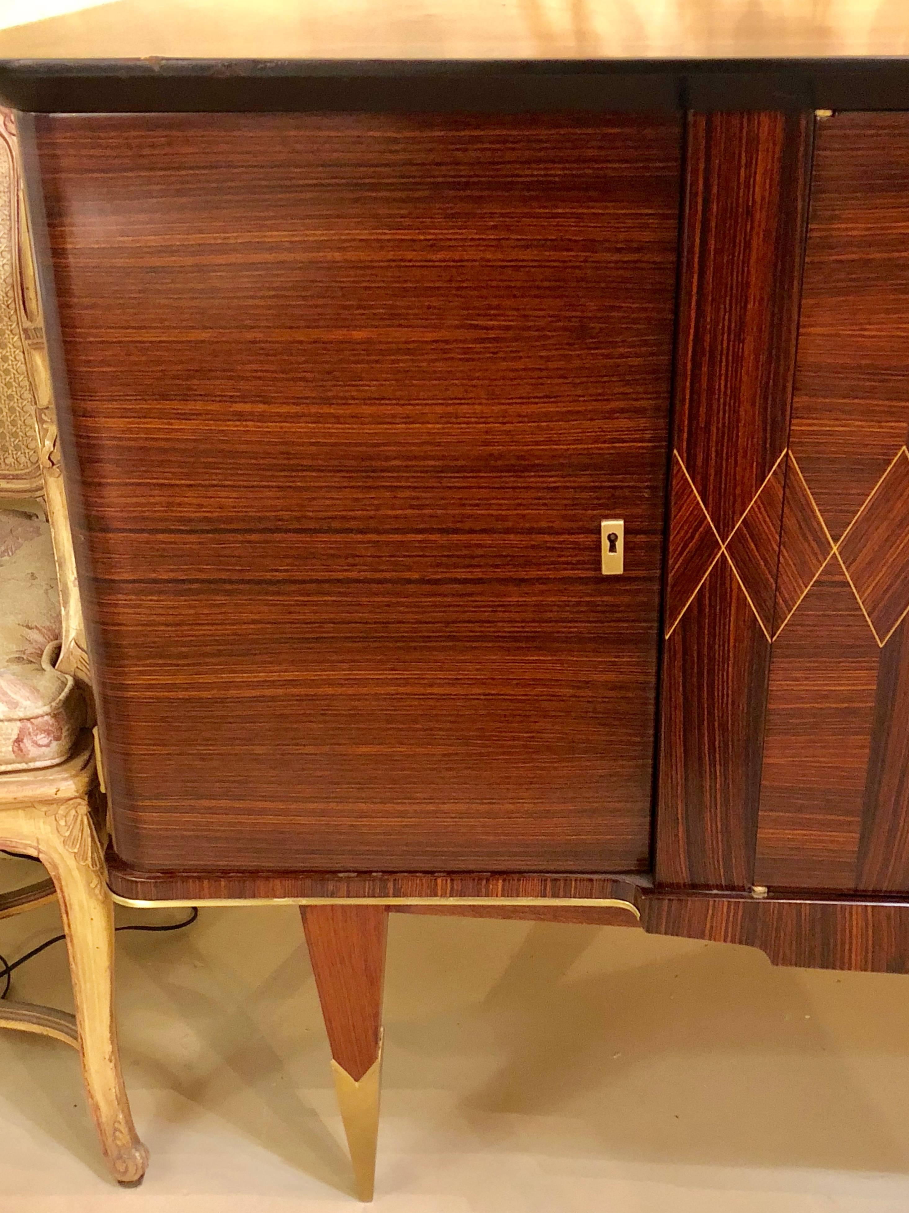 French Monumental Art Deco Macassar and Inlaid Sideboard Credenza with Glass Shelves