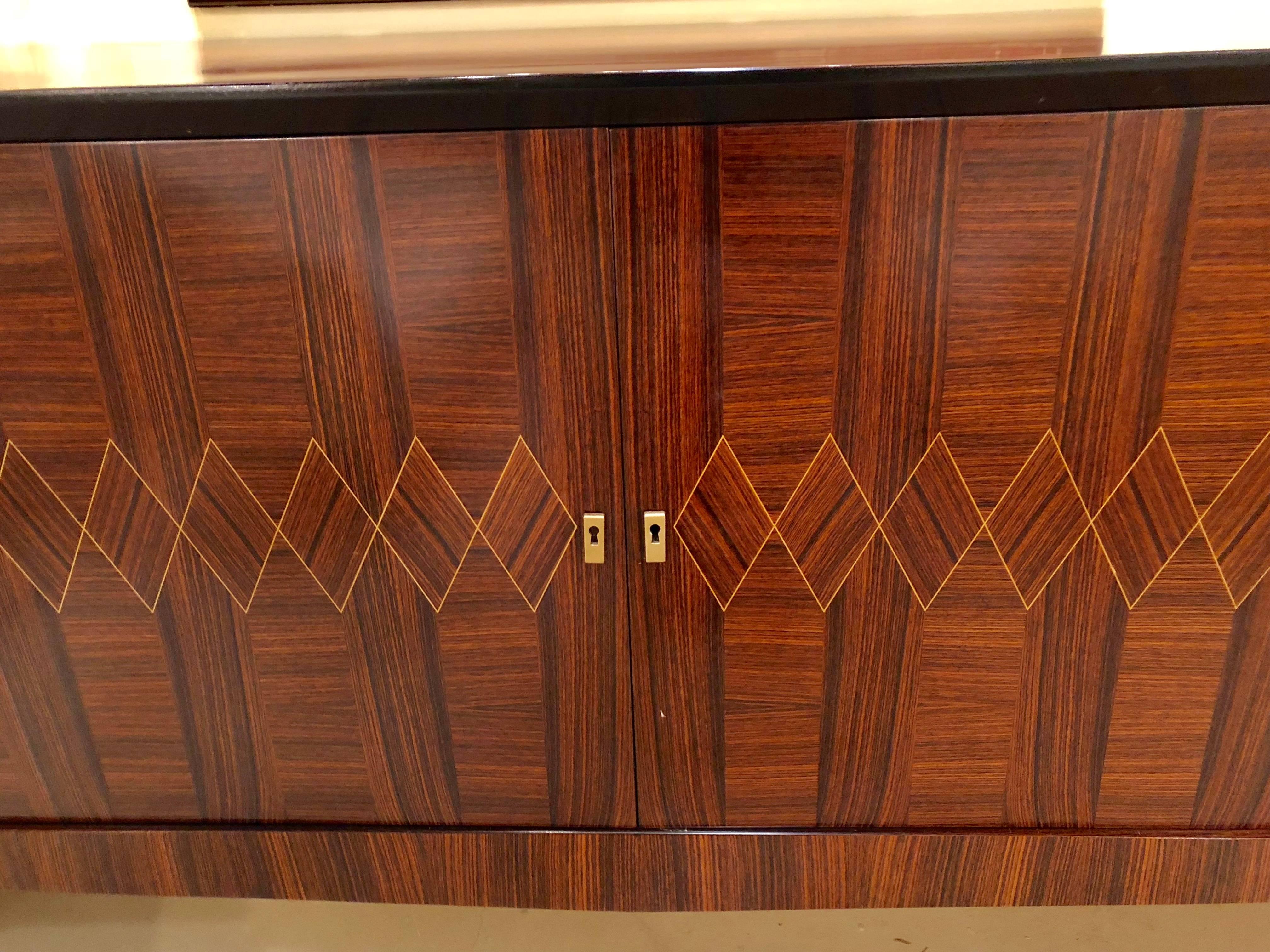 20th Century Monumental Art Deco Macassar and Inlaid Sideboard Credenza with Glass Shelves