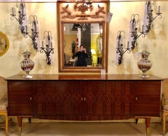 Monumental Art Deco Macassar and Inlaid Sideboard Credenza with Glass Shelves