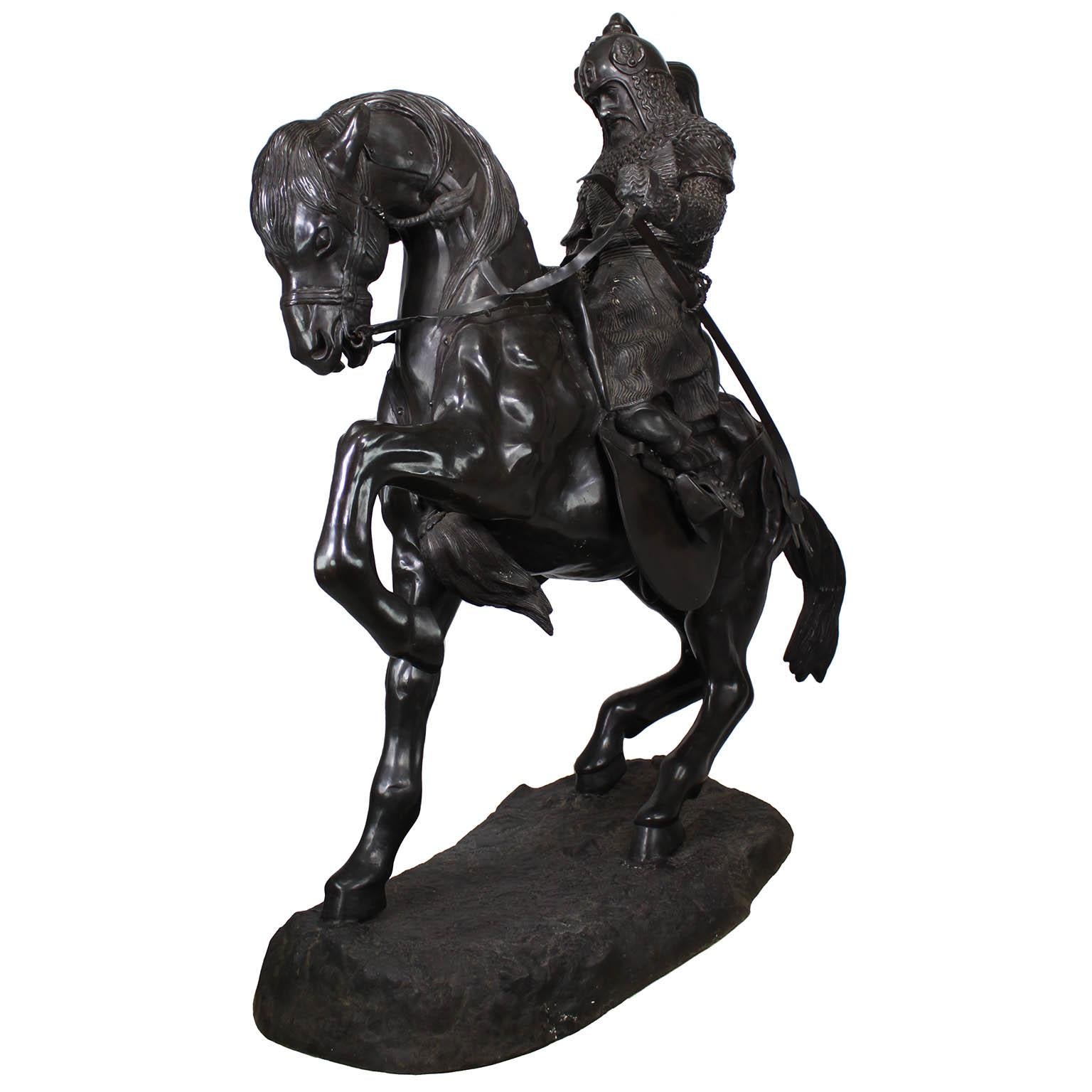 Monumentale Bronzeskulptur eines Tartarkriegers, der sein Pferd checkt, nach Barye (Islamisch) im Angebot
