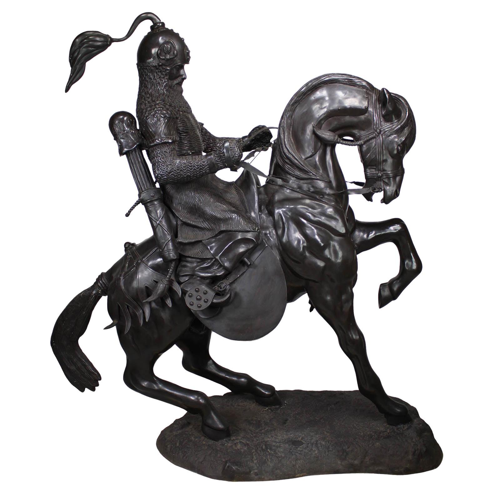 Monumentale Bronzeskulptur eines Tartarkriegers, der sein Pferd checkt, nach Barye