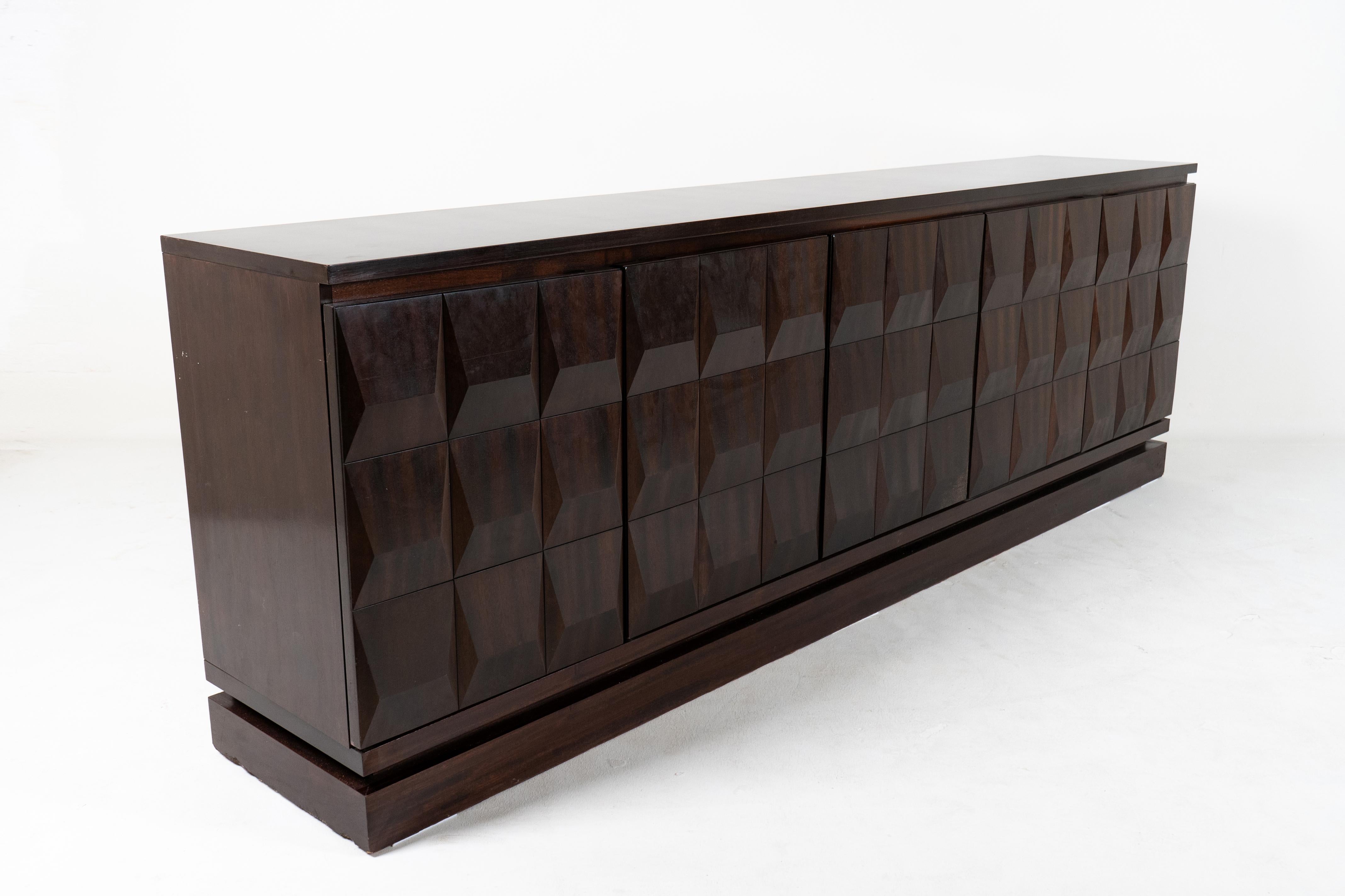 Mahogany A Monumental Brutalist Console with Geometric Doors, Belgium For Sale