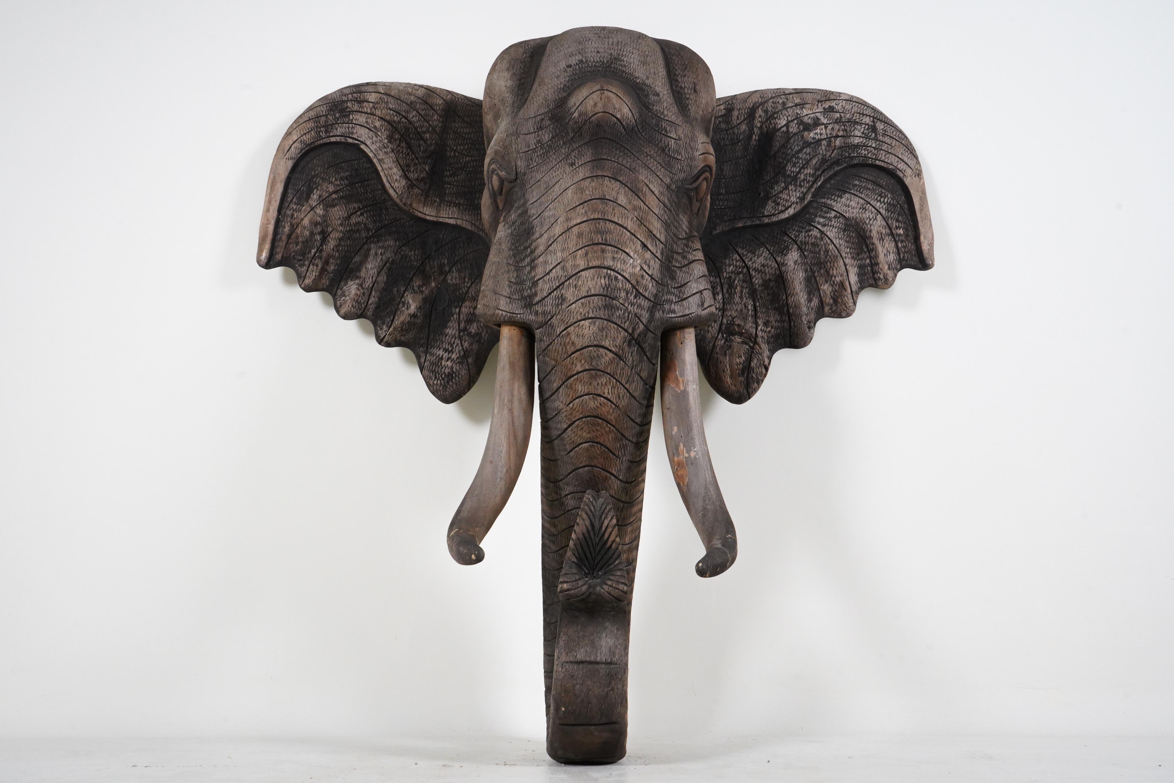 Contemporary A Monumental Carved Wood Elephant Head