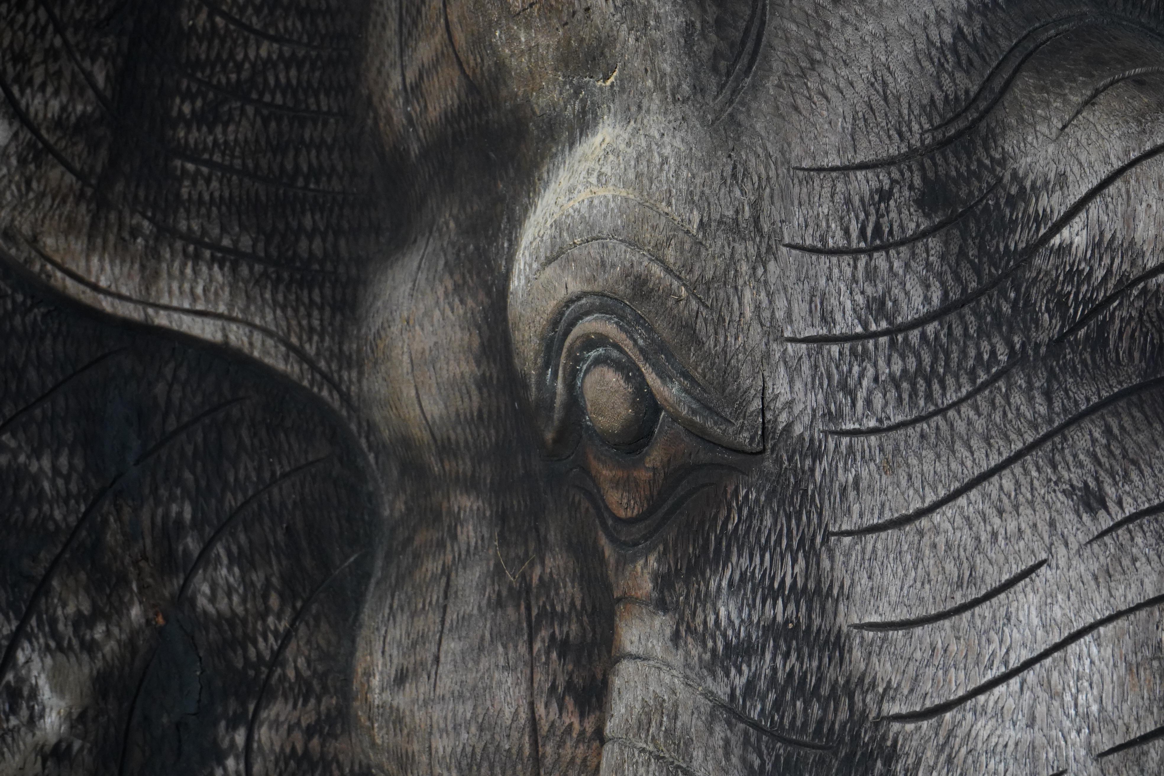 Hardwood A Monumental Carved Wood Elephant Head