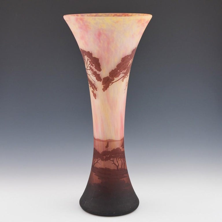 French Monumental Daum Nancy Art Nouveau Landscape Cameo Glass Vase For Sale