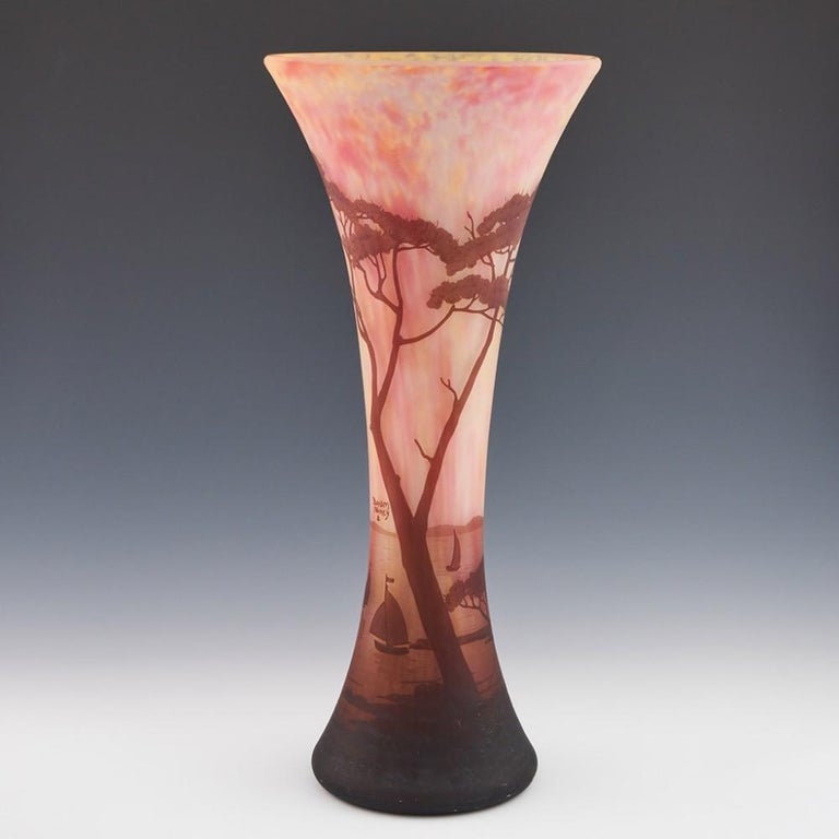 20th Century Monumental Daum Nancy Art Nouveau Landscape Cameo Glass Vase For Sale
