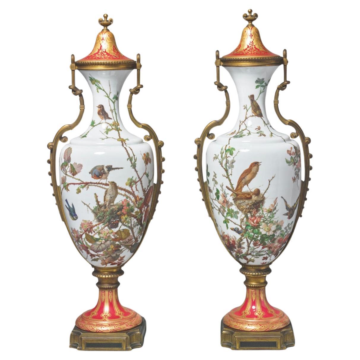 A Monumental "Exhibition" Pair Of Baccarat Opaline Glass Bronze Mounted Vases