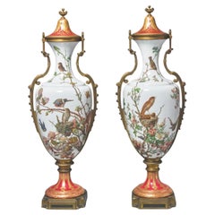 A Monumental "Exhibition" Pair Of Baccarat Opaline Glass Bronze Mounted Vases