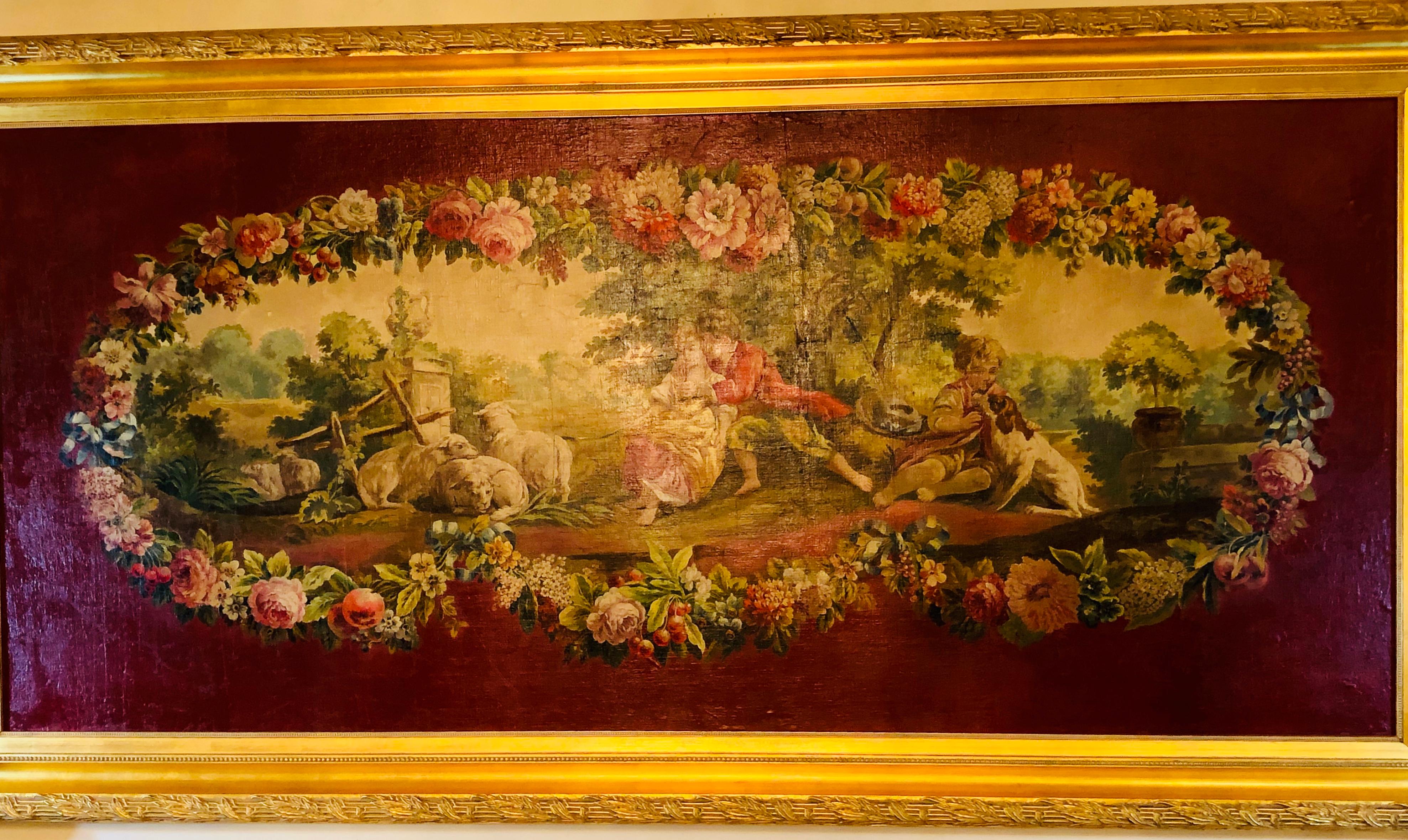 Monumental French Oil on Canvas 19th- 20th Century Lovers in the Field In Good Condition For Sale In Stamford, CT