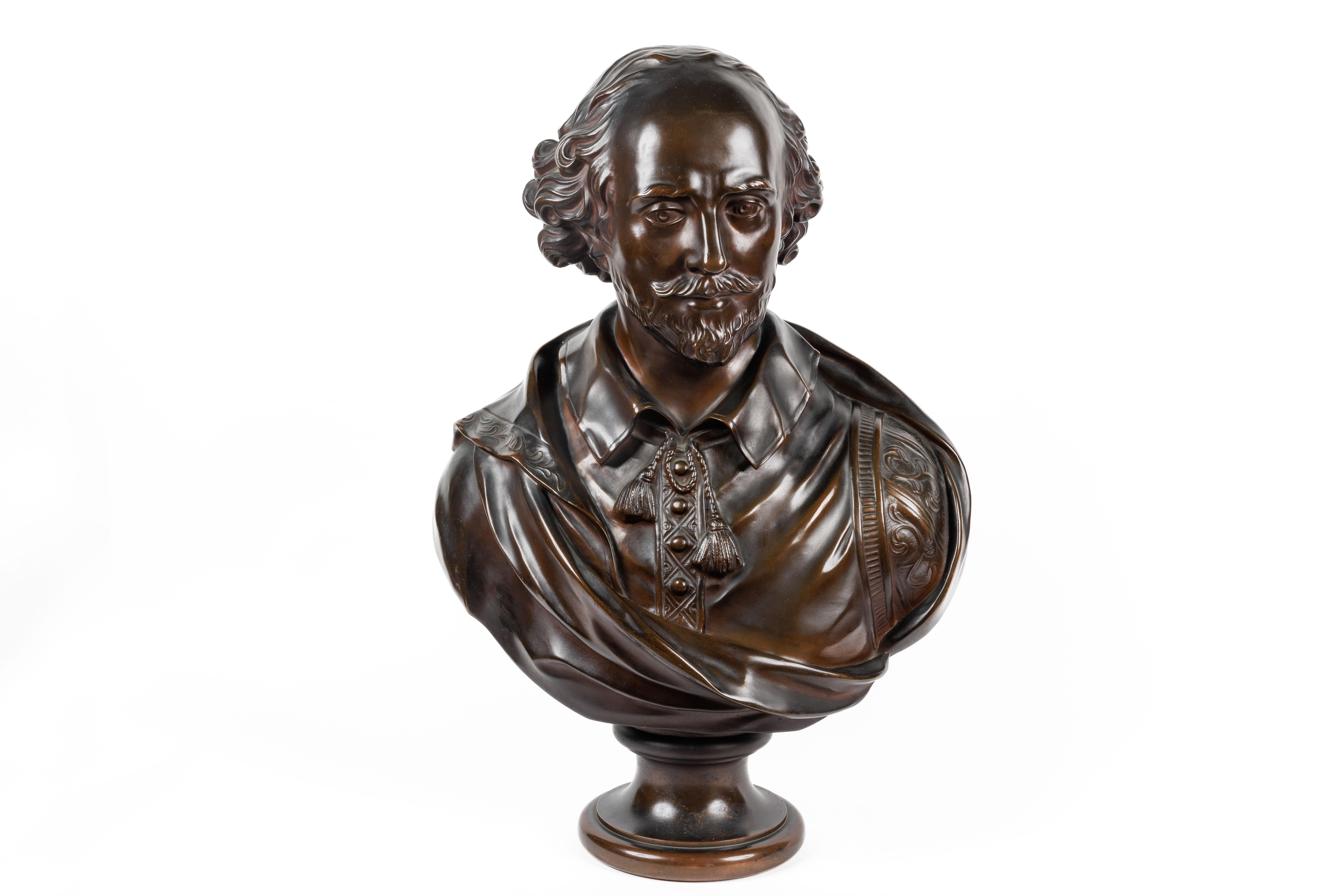 A monumental French patinated bronze bust of William Shakespeare, after Houdon, by F. Barbedienne Foundry, circa 1870.

Masterfully and realistically sculpted in solid bronze, this bust will place very well as a centerpiece in any home or