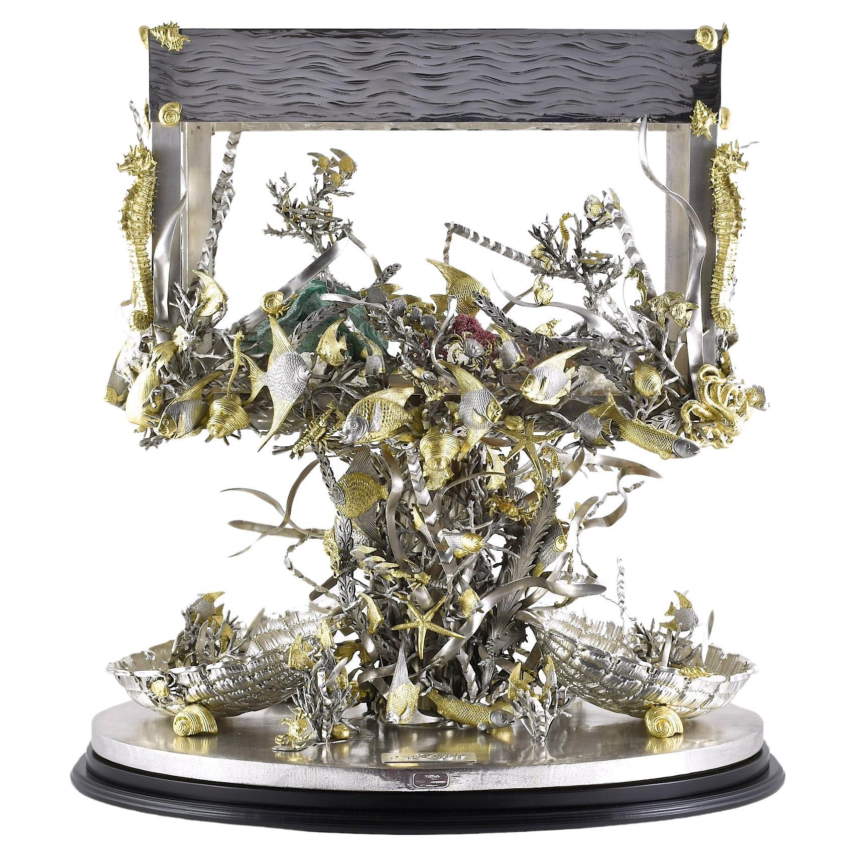 A monumental Italian part gilded sterling silver aquarium. For Sale