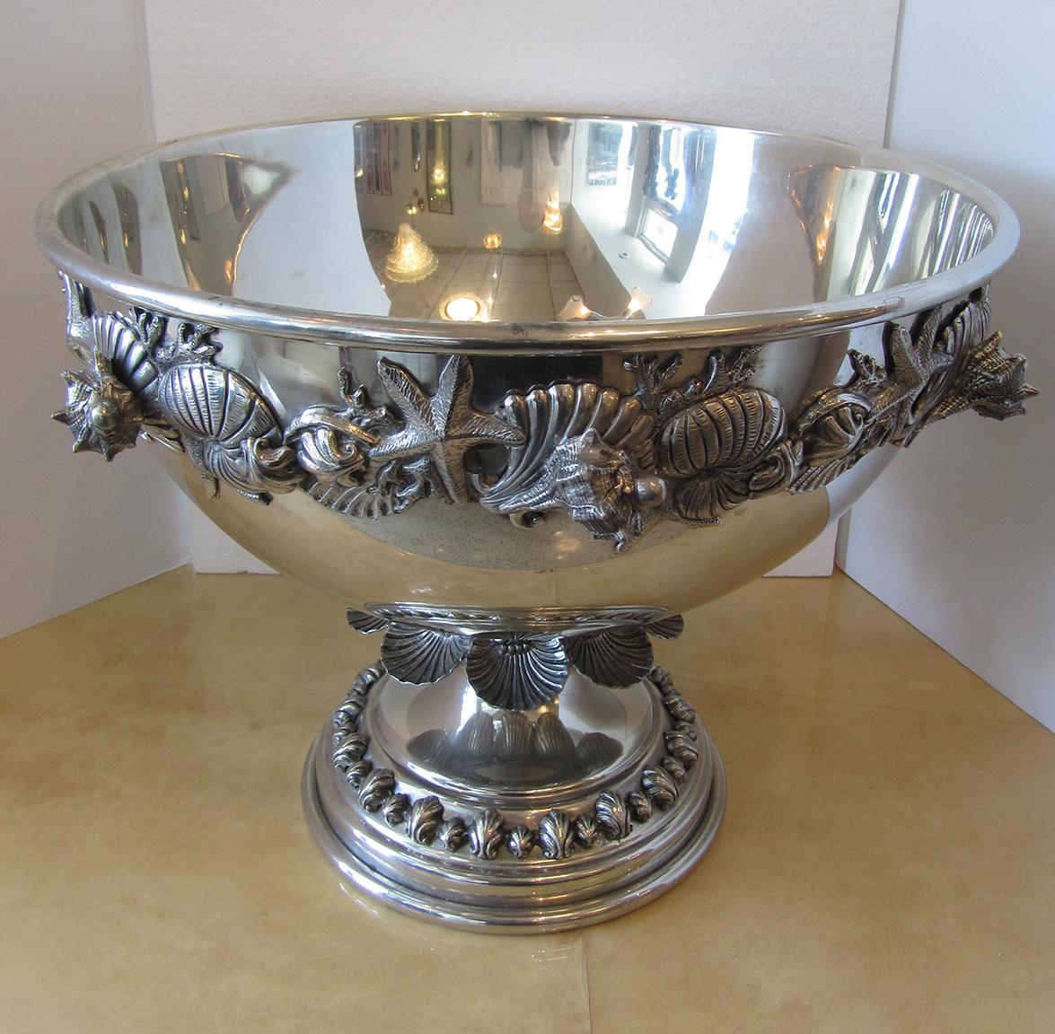 A beautiful, oversized, Pewter centerbowl made by Richard Cipolla in Lombardia, Italy. The handmade piece has a beautiful patina. Made with the highest grade pewter, it contains no lead or aluminum alloys. This particular bowl has a nautical motif