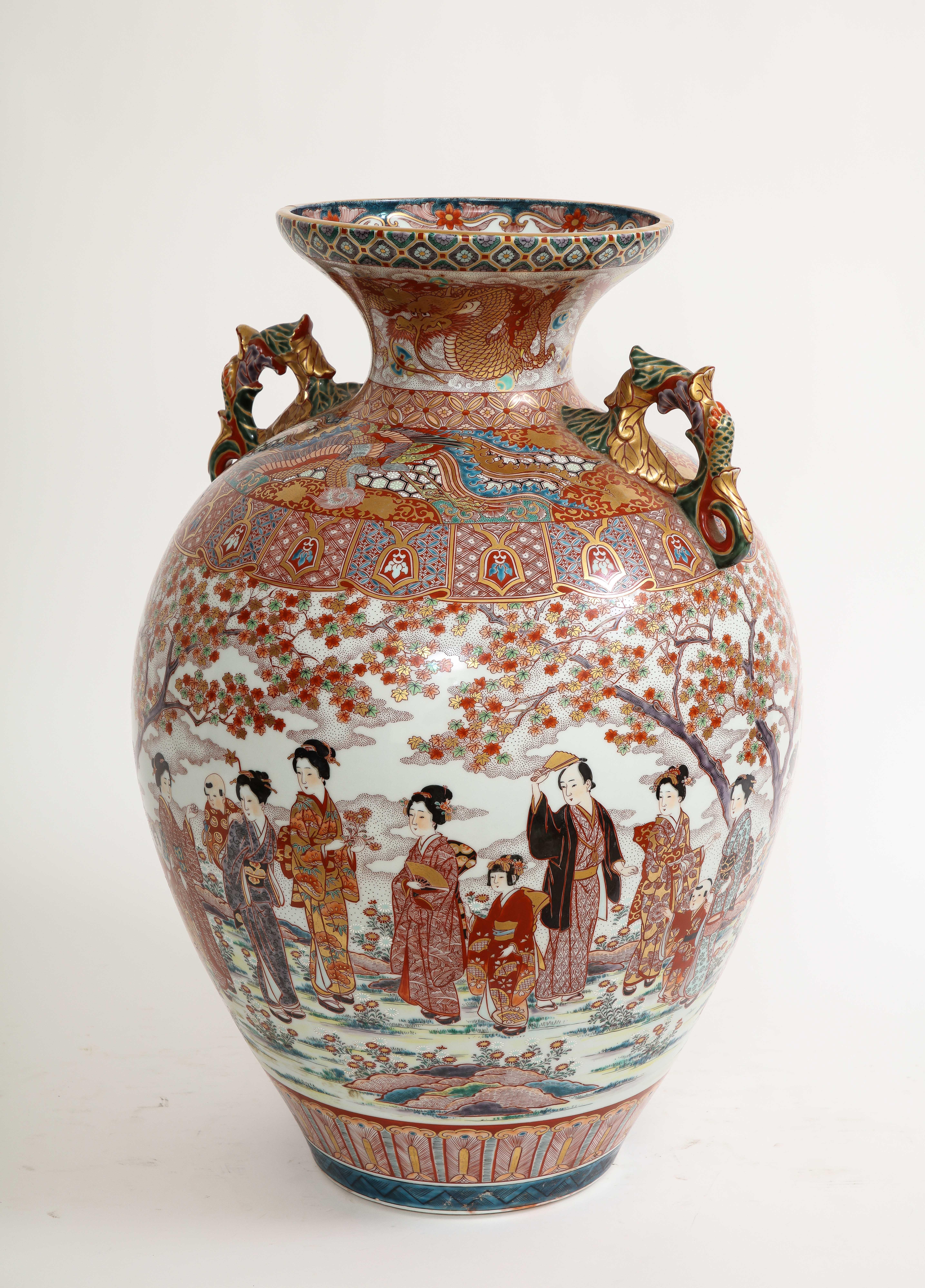 Monumental Japanese Kutani Porcelain Vase, Meiji/Taisho Period, Signed In Good Condition For Sale In New York, NY